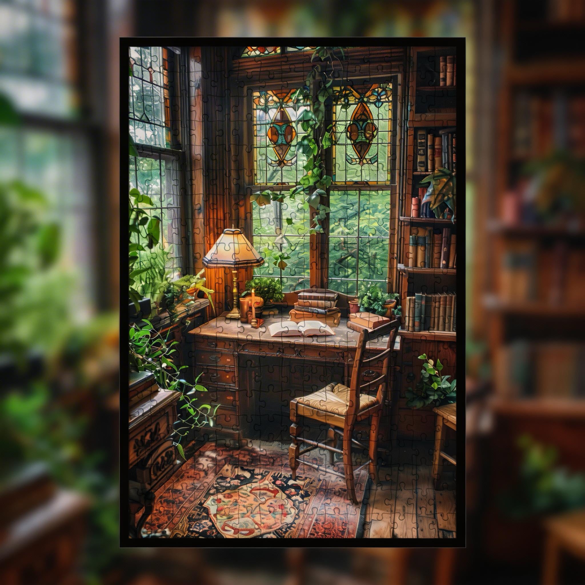 Antique Library Desk Wooden Jigsaw Puzzle Framed, Stained Glass Window Wall Art