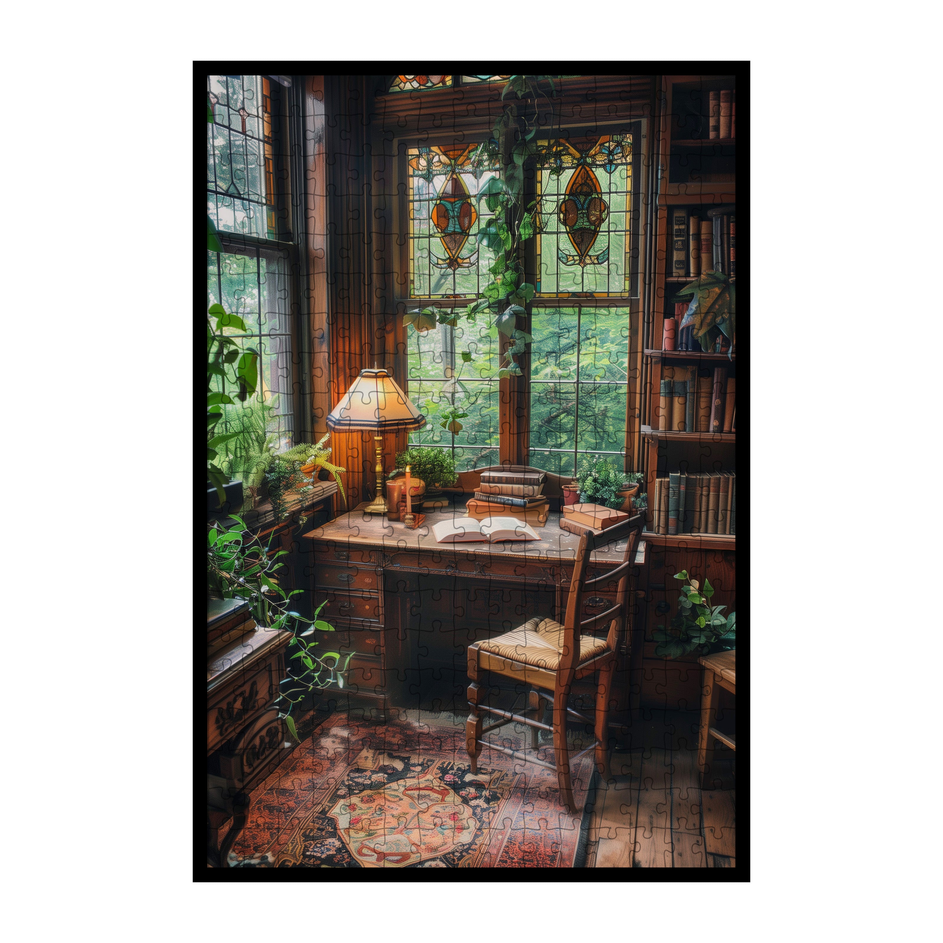 Antique Library Desk Wooden Jigsaw Puzzle Framed, Stained Glass Window Wall Art