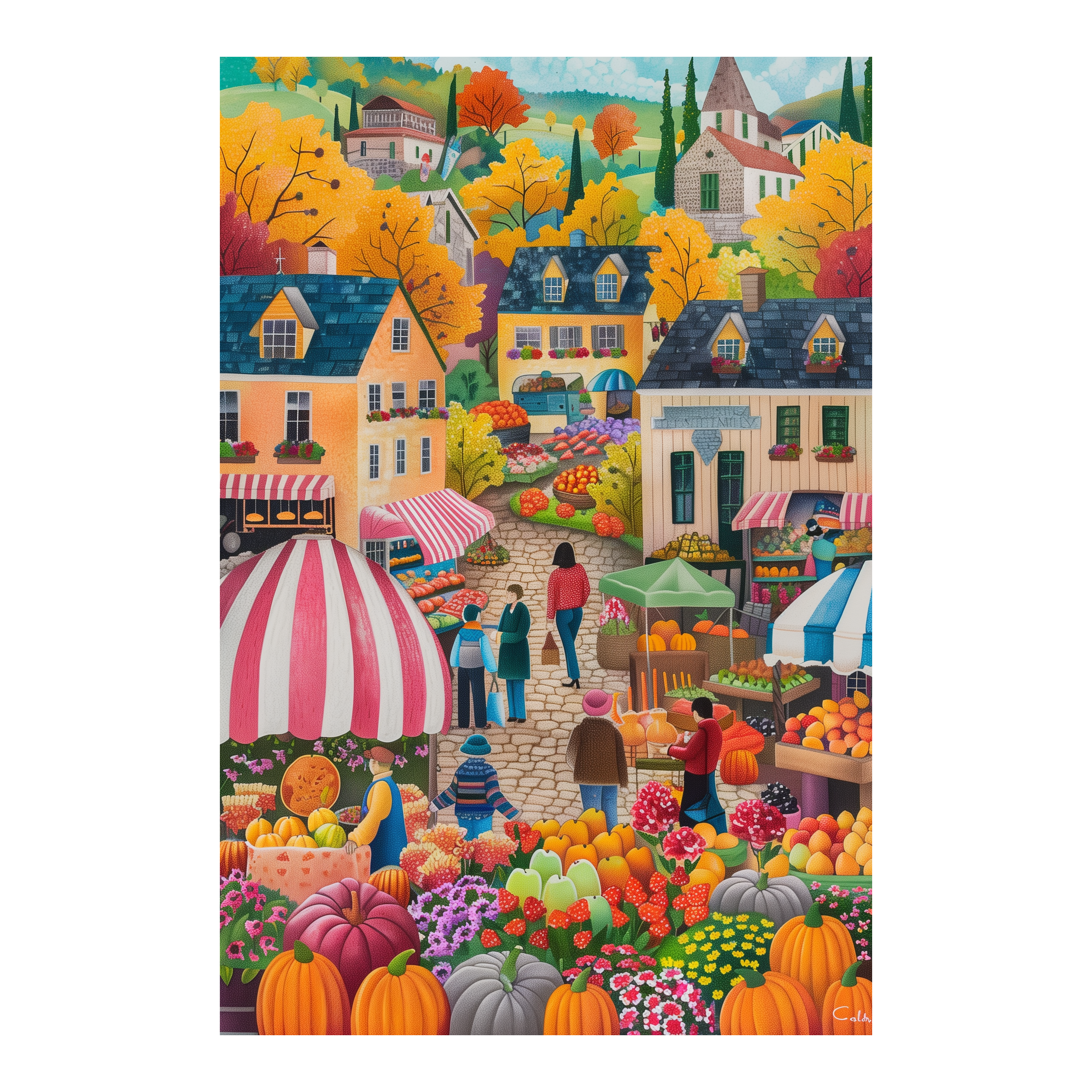 Autumn Harvest Market Wooden Jigsaw Puzzle Framed, Fall Pumpkin Village Wall Decor