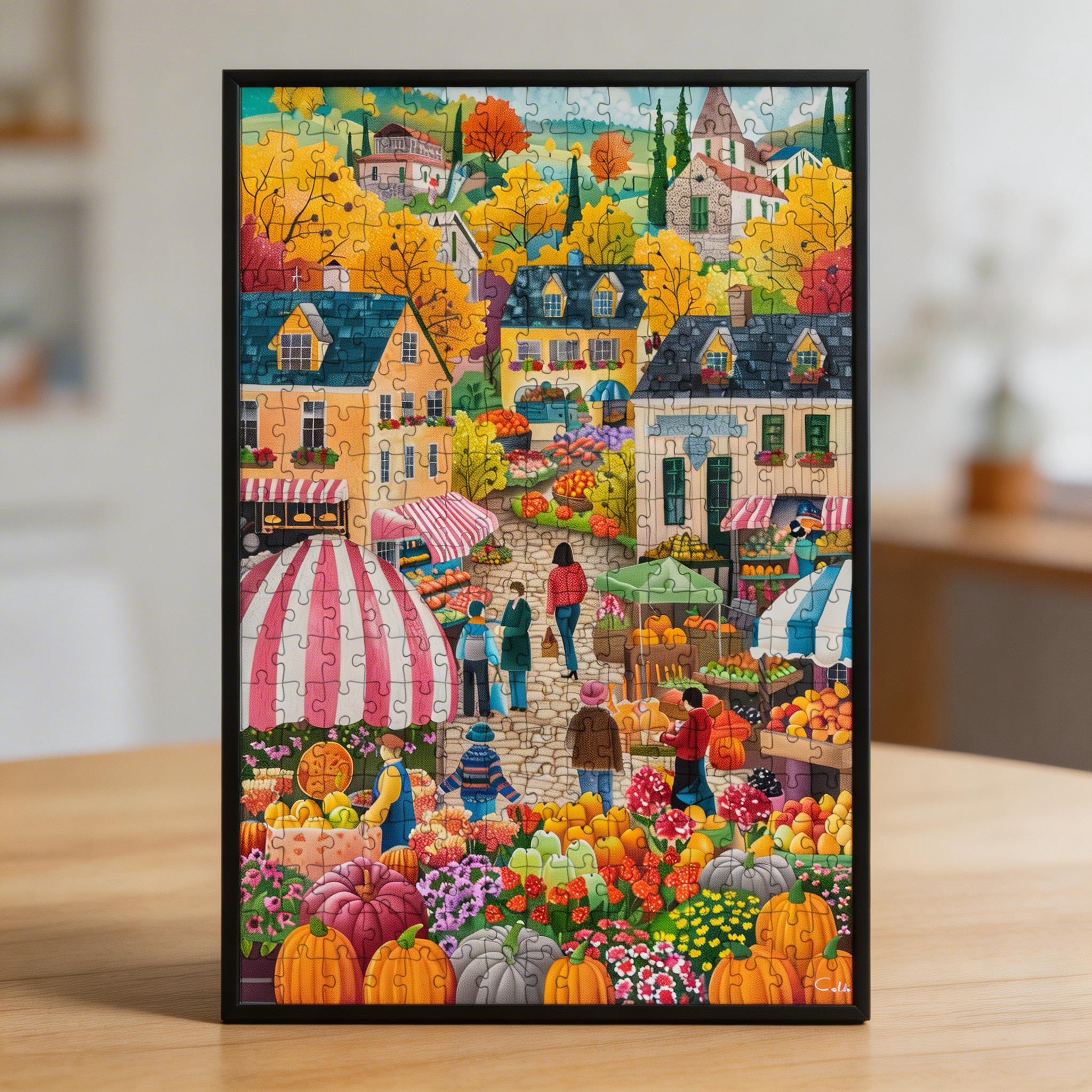 Autumn Harvest Market Wooden Jigsaw Puzzle - Fall Pumpkin Village Wood Puzzle for Adults