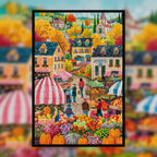 Autumn Harvest Market Wooden Jigsaw Puzzle Framed, Fall Pumpkin Village Wall Decor