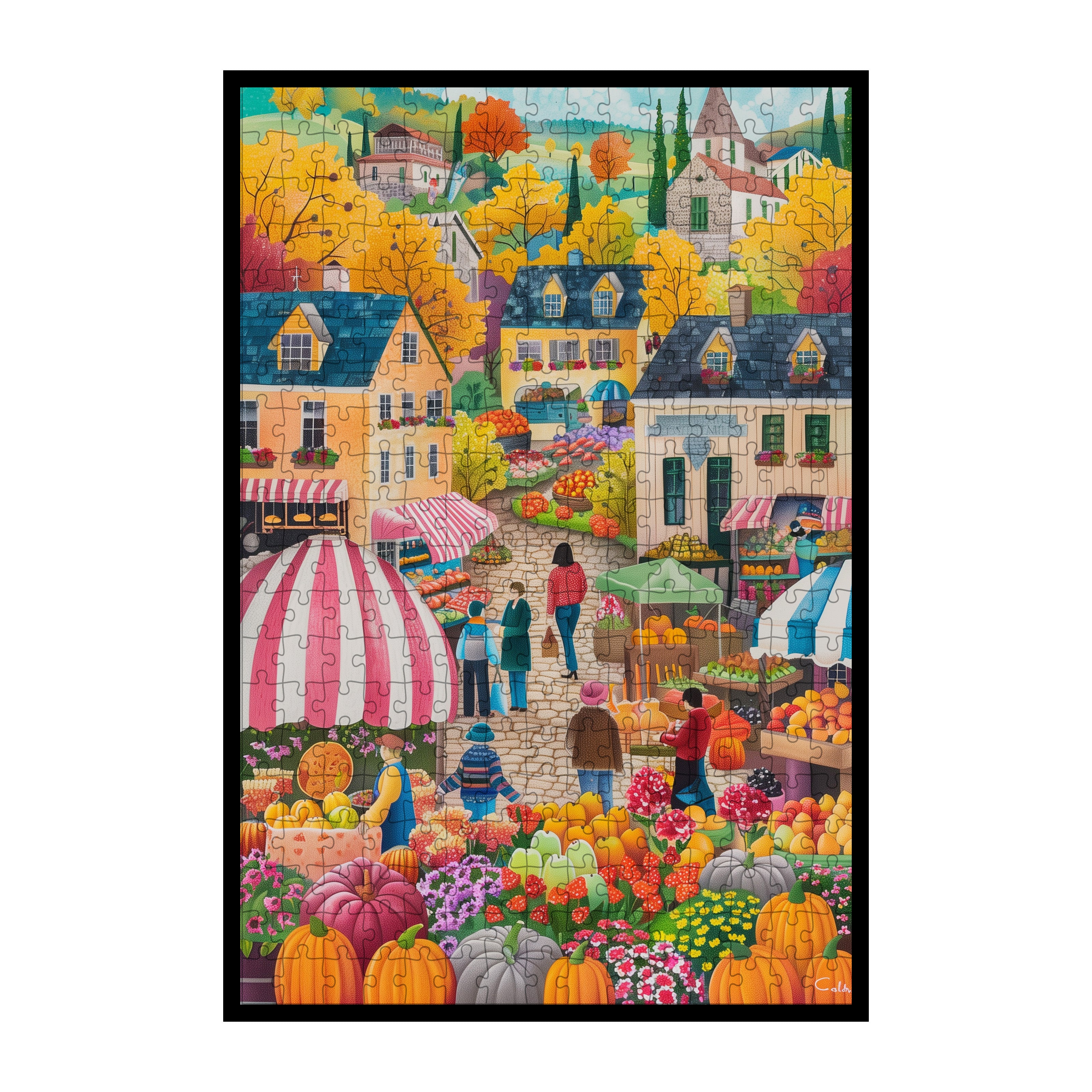 Autumn Harvest Market Wooden Jigsaw Puzzle Framed, Fall Pumpkin Village Wall Decor