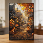 Autumn Pumpkin Town Wooden Jigsaw Puzzle - Harvest Market Scenic Wood Puzzle for Adults