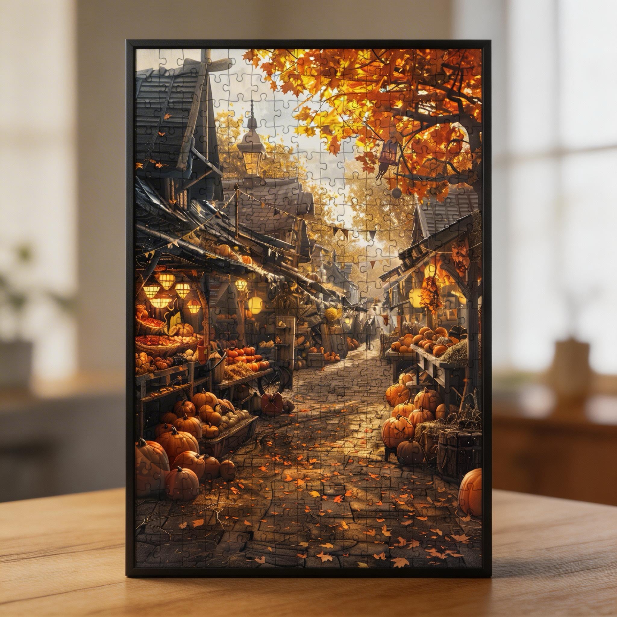 Autumn Pumpkin Town Wooden Jigsaw Puzzle - Harvest Market Scenic Wood Puzzle for Adults