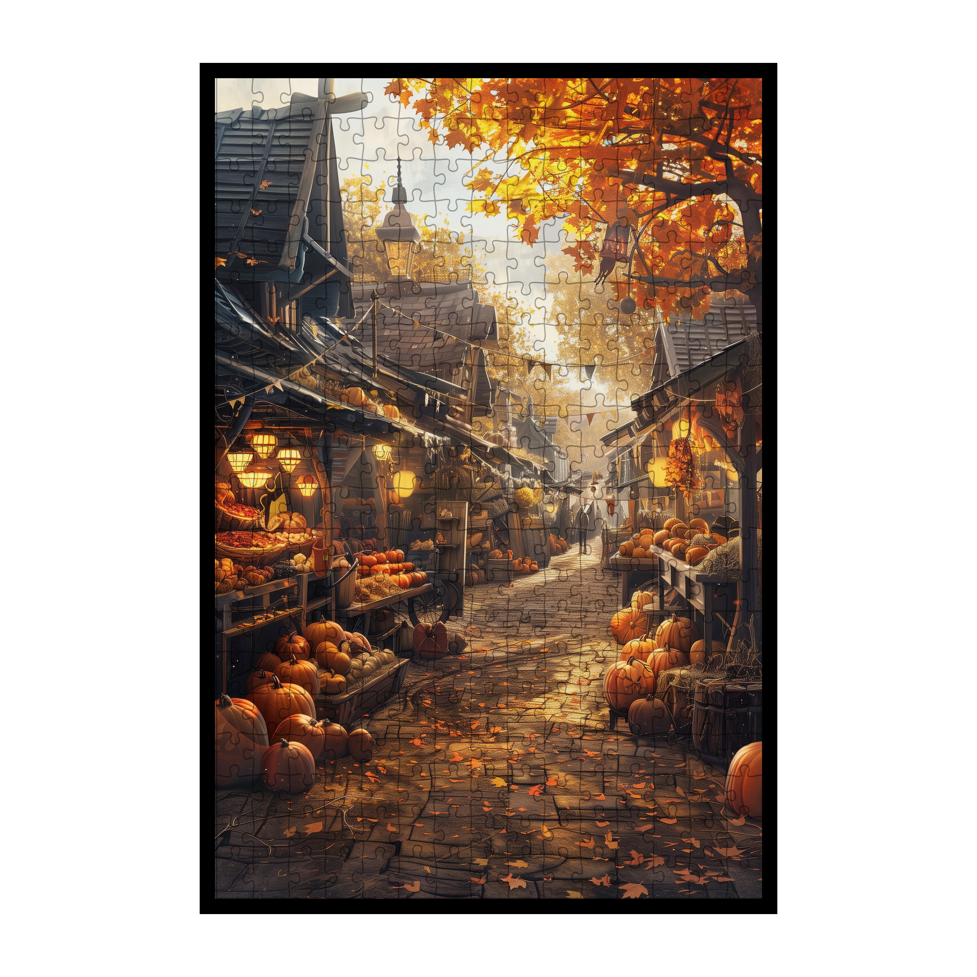 Autumn Pumpkin Town Wooden Jigsaw Puzzle Framed, Harvest Market Wall Decor