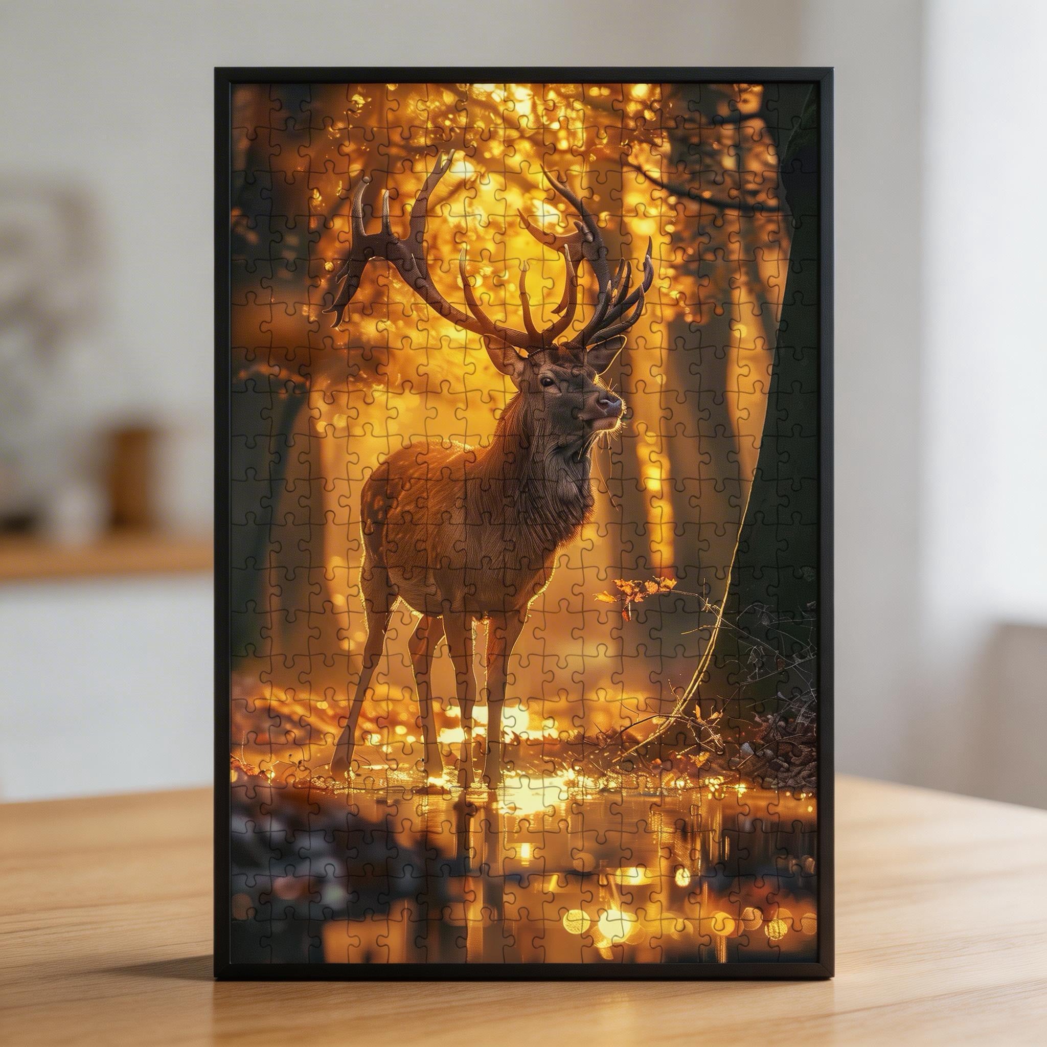 Autumn Stag Animal Shaped Wooden Jigsaw Puzzle - Golden Forest Wood Puzzle for Adults