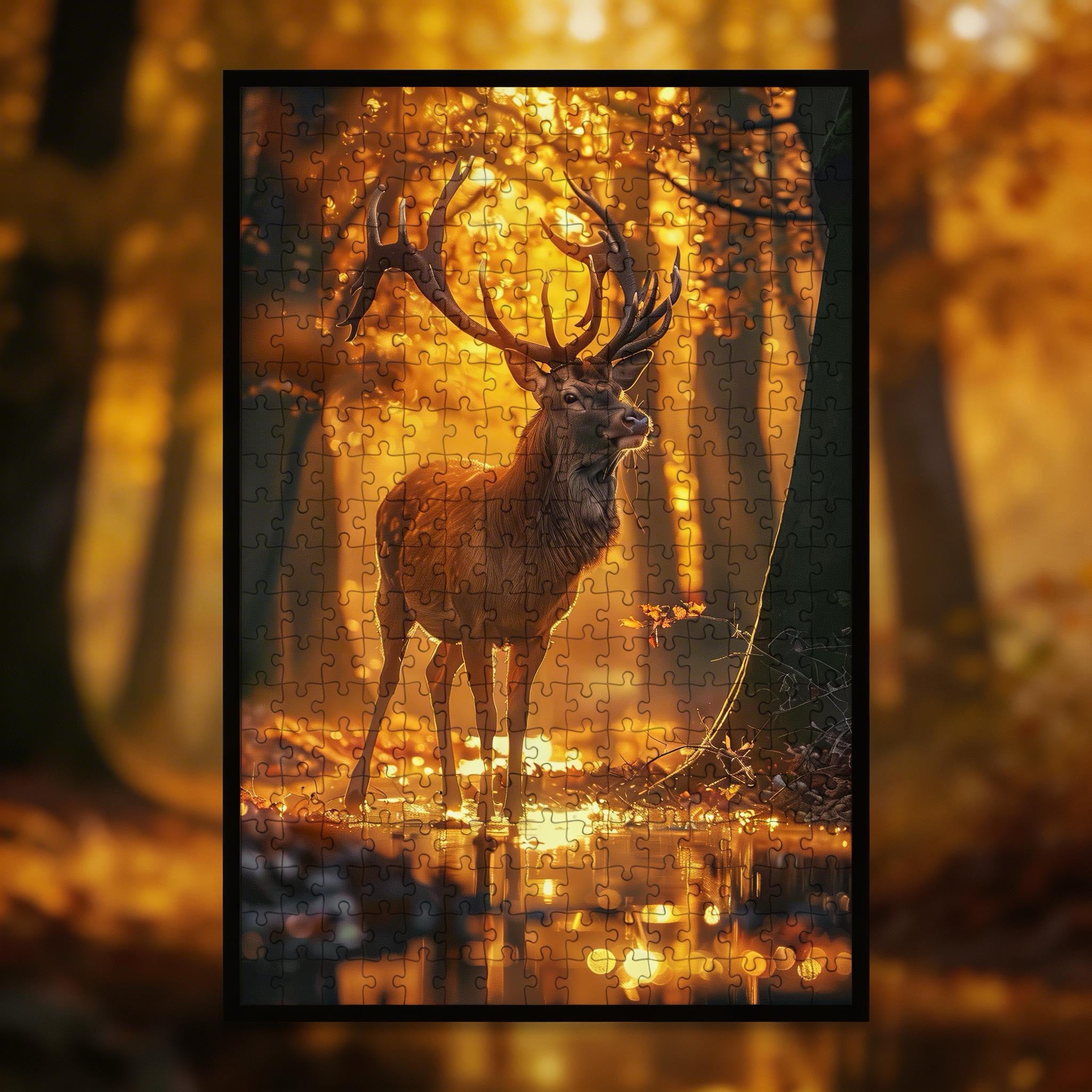 Autumn Stag Animal Shaped Wooden Jigsaw Puzzle - Golden Forest Wood Puzzle for Adults