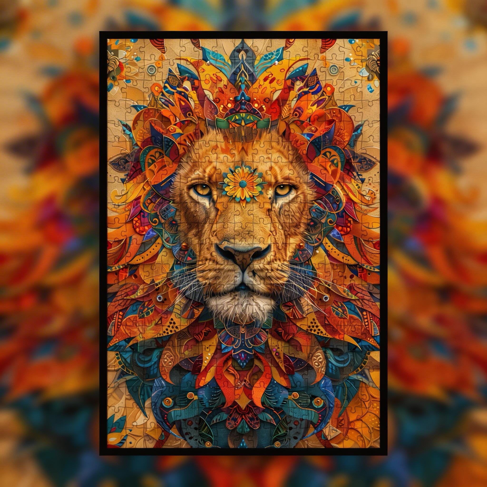 Brave Lion King Mandala Wooden Jigsaw Puzzle - Bold Fire-Colored Animal Shaped Wood Puzzle for Adults