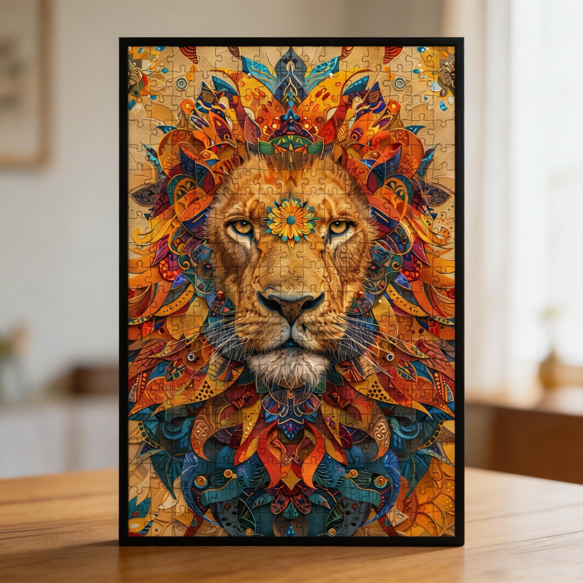 Brave Lion King Mandala Wooden Jigsaw Puzzle - Bold Fire-Colored Animal Shaped Wood Puzzle for Adults