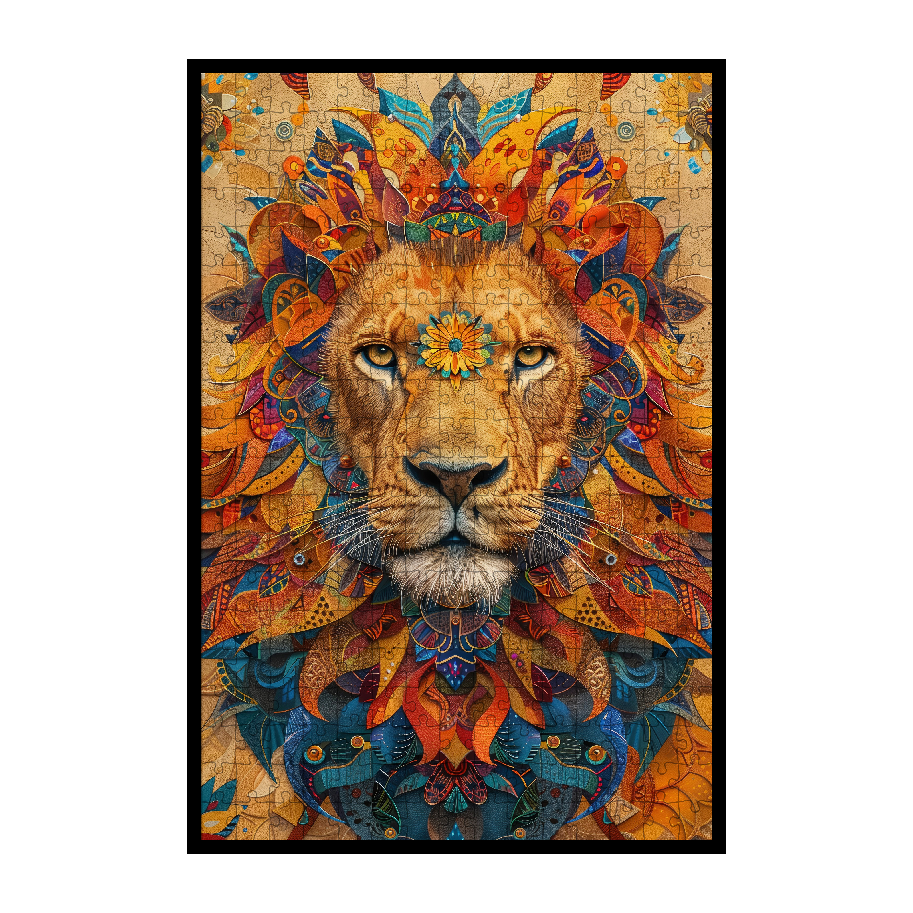Brave Lion King Mandala Wooden Jigsaw Puzzle - Bold Fire-Colored Animal Shaped Wood Puzzle for Adults