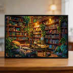 Charming Feline Library Wooden Jigsaw Puzzle - Cozy Cat Bookstore Wood Puzzle for Adults