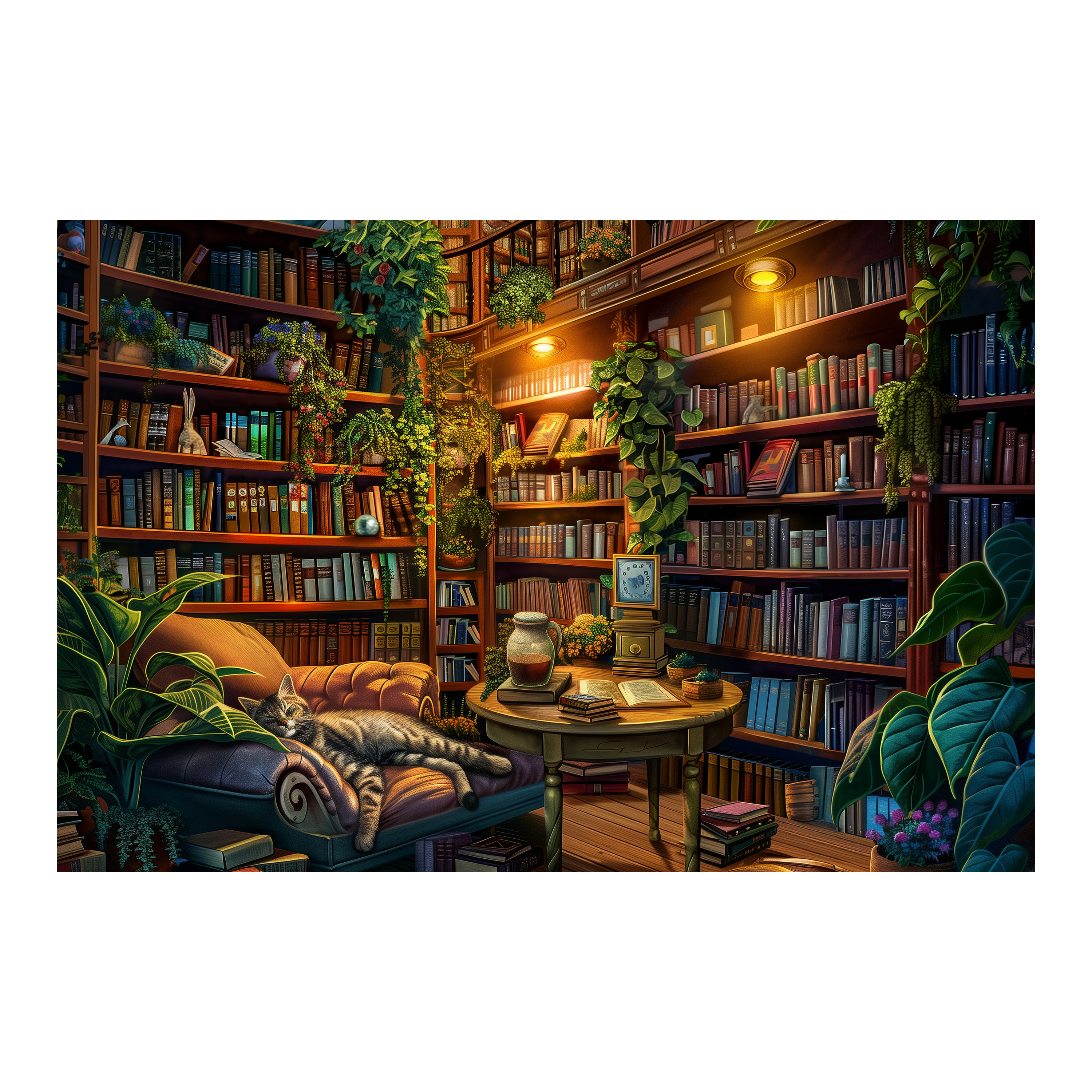 Charming Feline Library Wooden Jigsaw Puzzle Framed, Cozy Home Decor