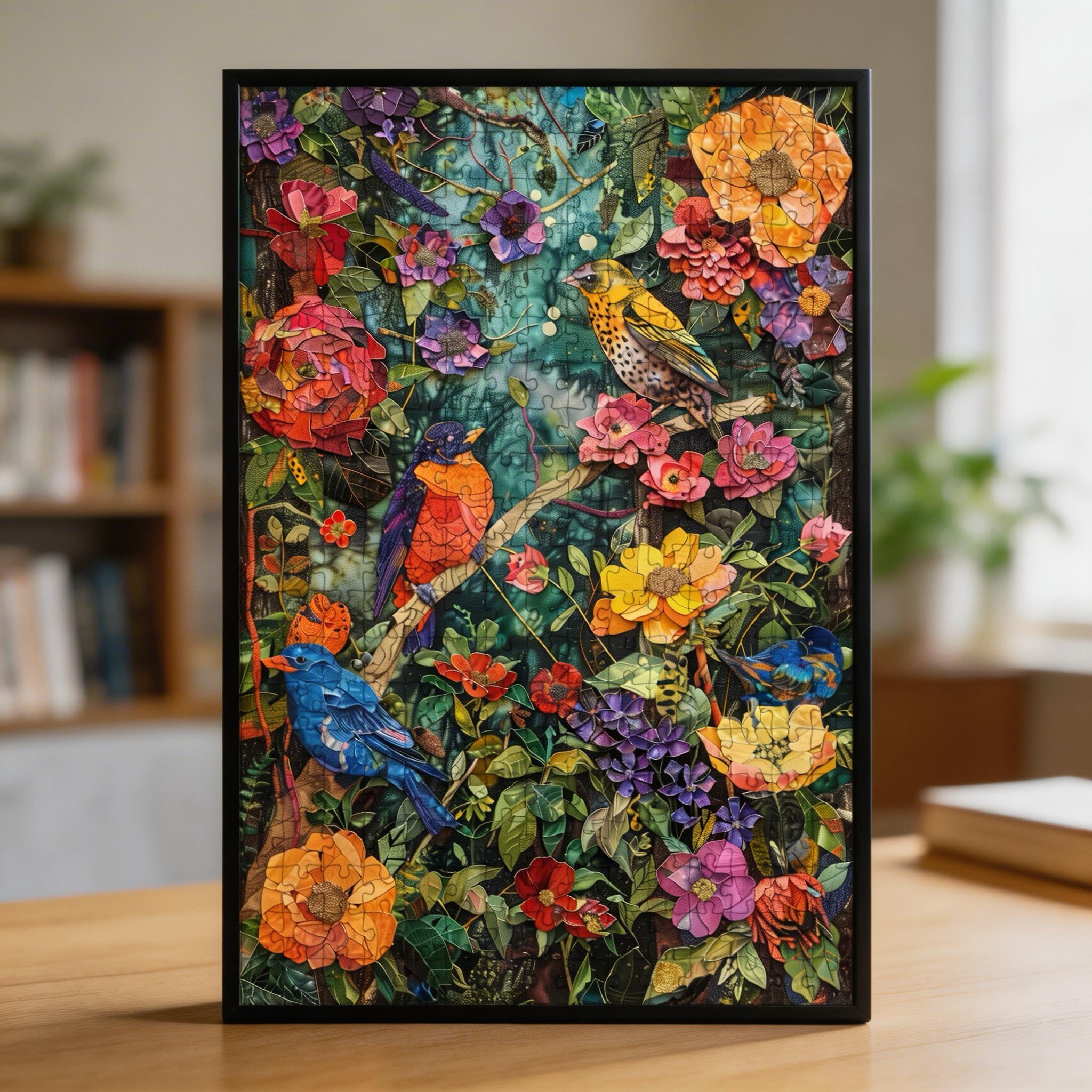 Colorful Birds and Flowers Wooden Jigsaw Puzzle - Vibrant Nature Wood Puzzle for Adults
