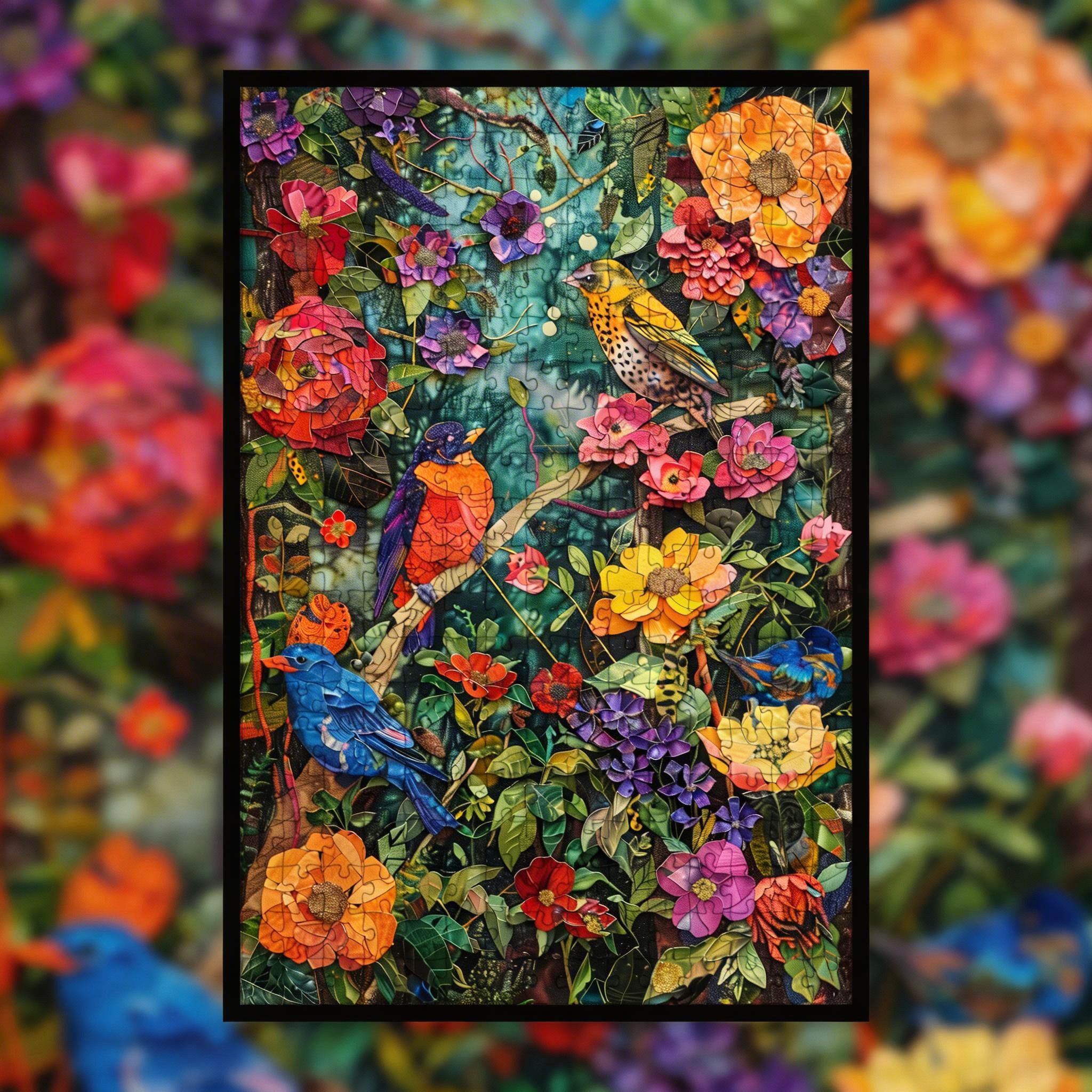 Colorful Birds and Flowers Wooden Jigsaw Puzzle, Wall Decor Framed Puzzle