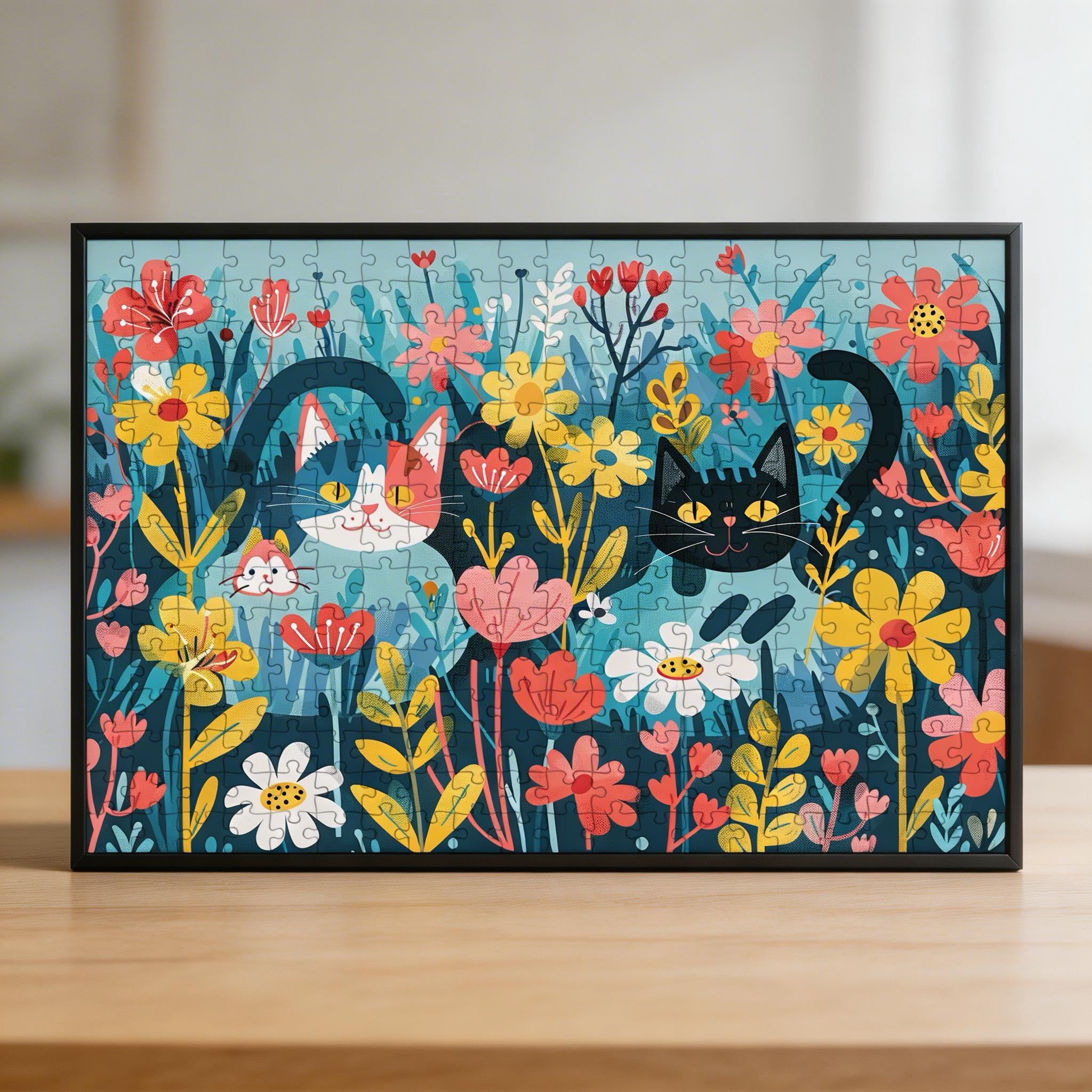 Colorful Cat Garden Wooden Jigsaw Puzzle - Cute Nature Floral Wood Puzzle for Adults