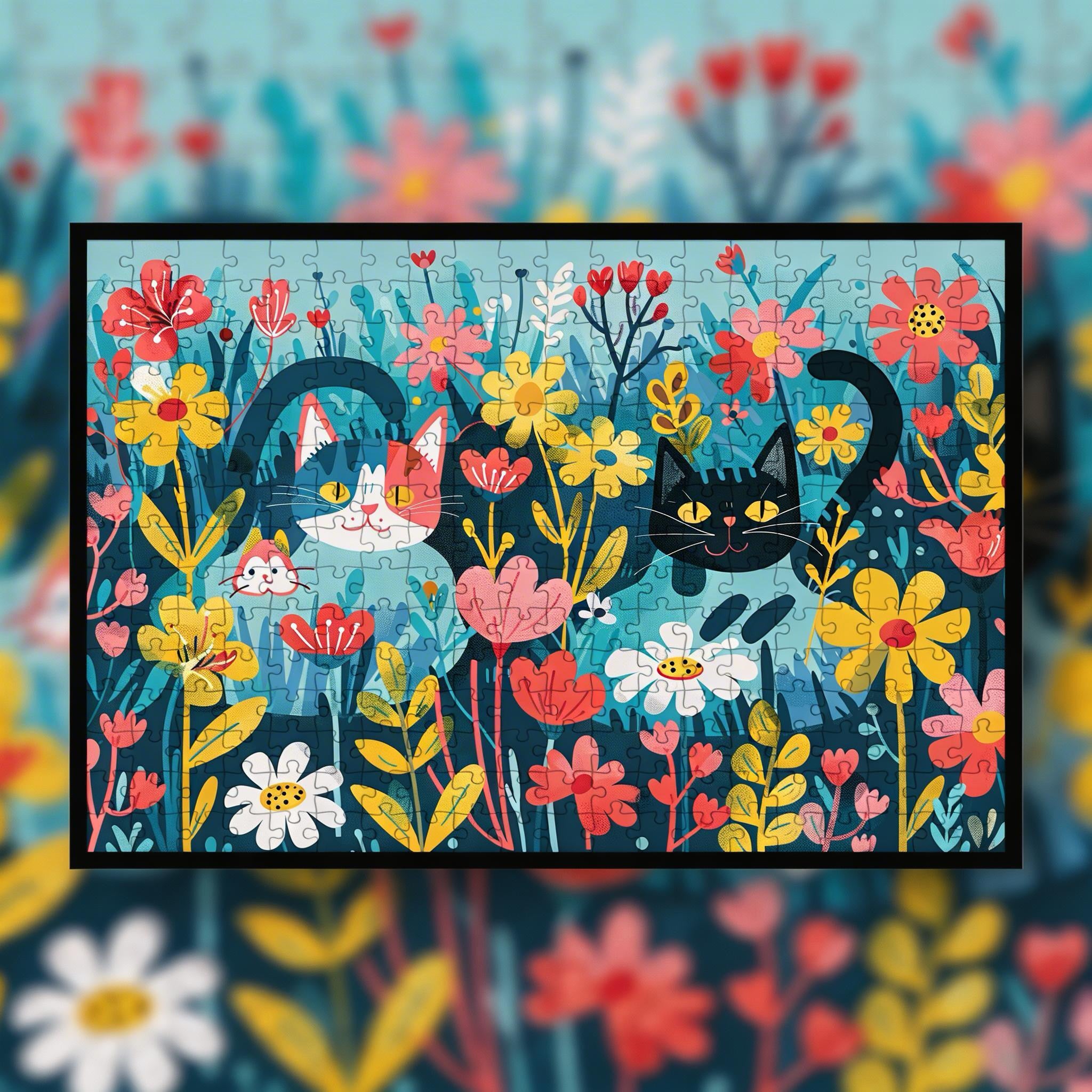 Colorful Cat Garden Wooden Jigsaw Puzzle Framed, Cute Nature Wall Art