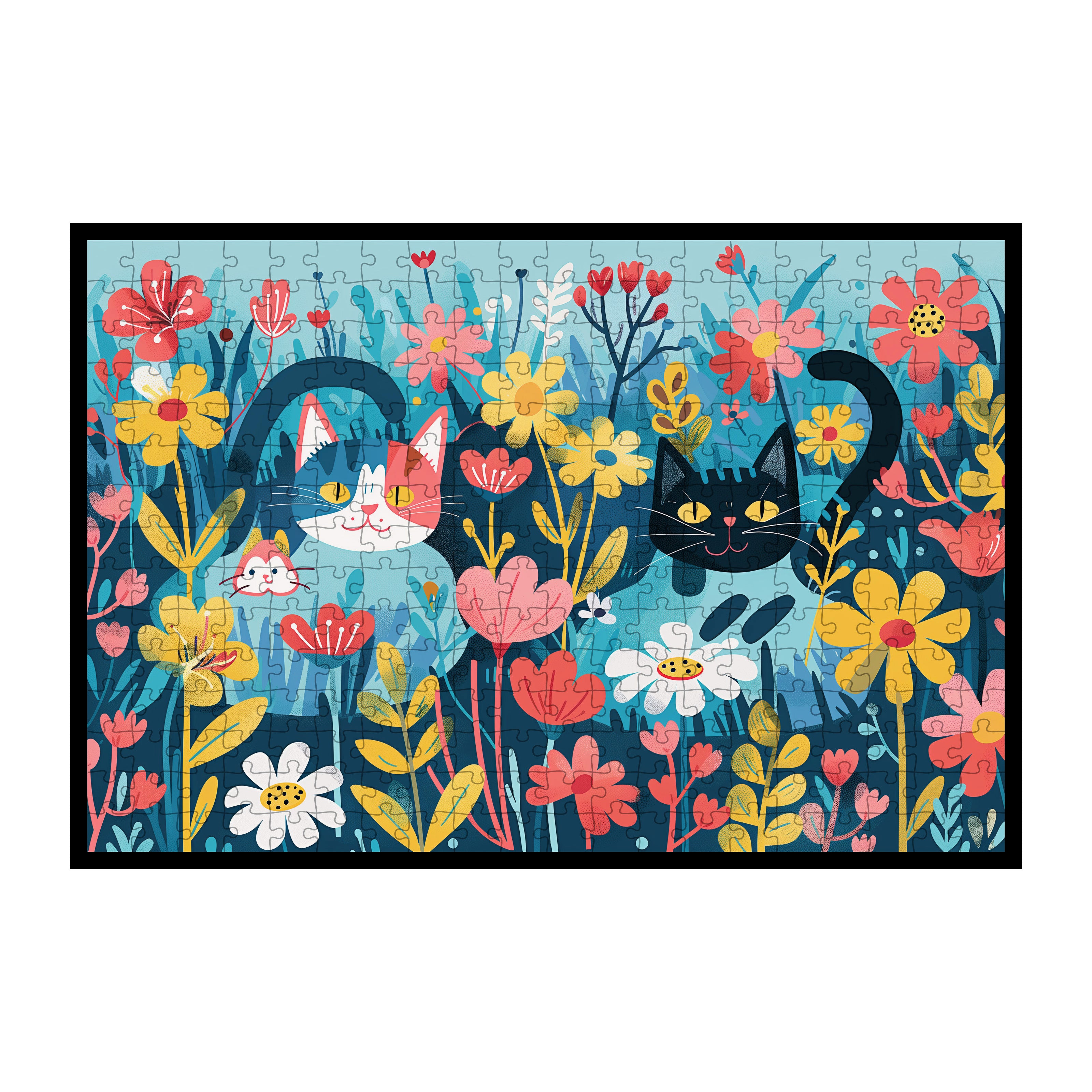 Colorful Cat Garden Wooden Jigsaw Puzzle Framed, Cute Nature Wall Art