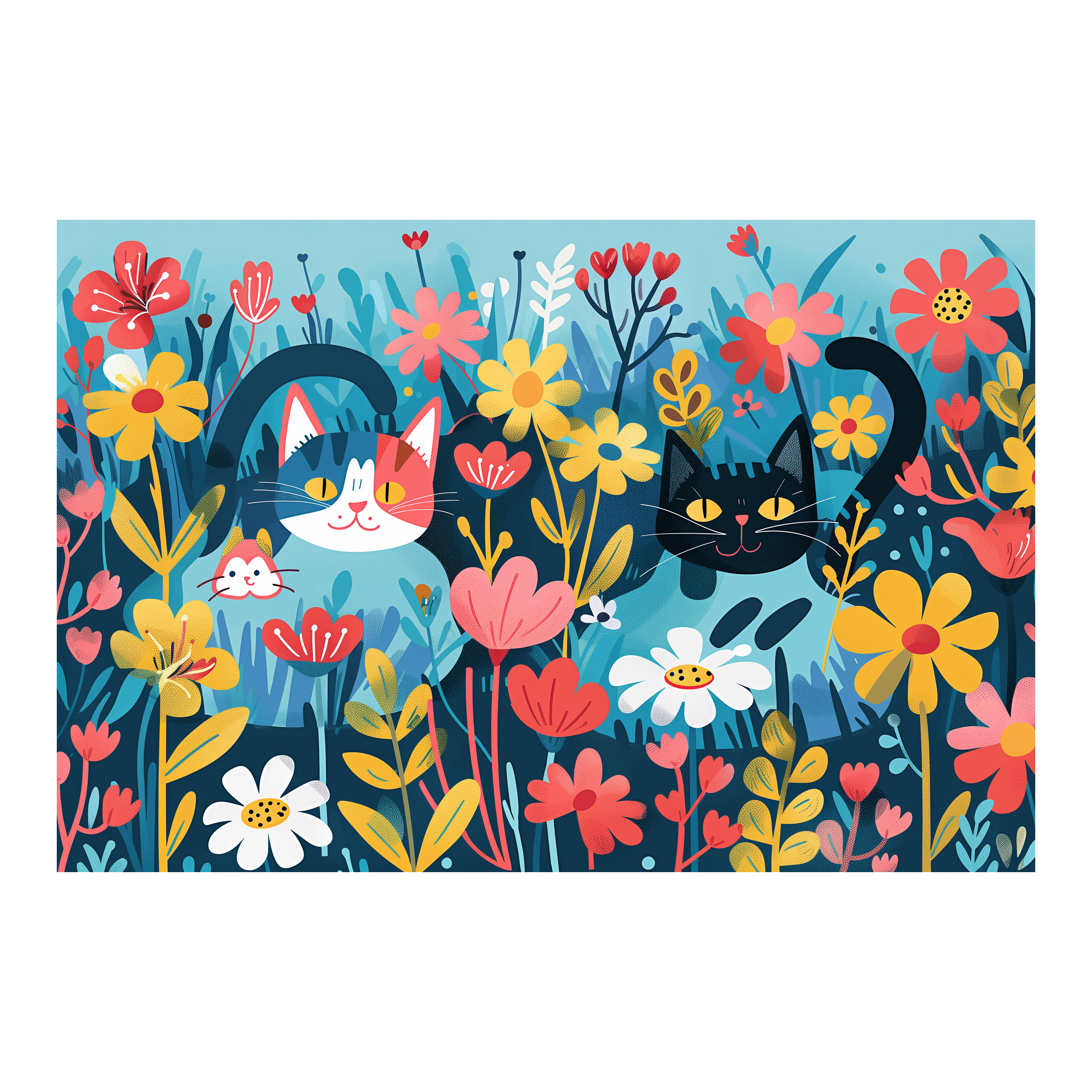 Colorful Cat Garden Wooden Jigsaw Puzzle Framed, Cute Nature Wall Art