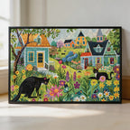 Colorful Cat Town Wooden Jigsaw Puzzle - Rustic Floral Village Wood Puzzle for Adults