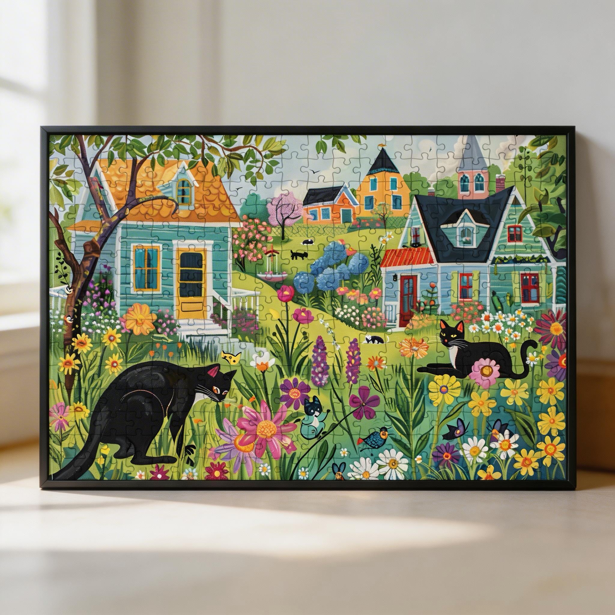 Colorful Cat Town Wooden Jigsaw Puzzle - Rustic Floral Village Wood Puzzle for Adults