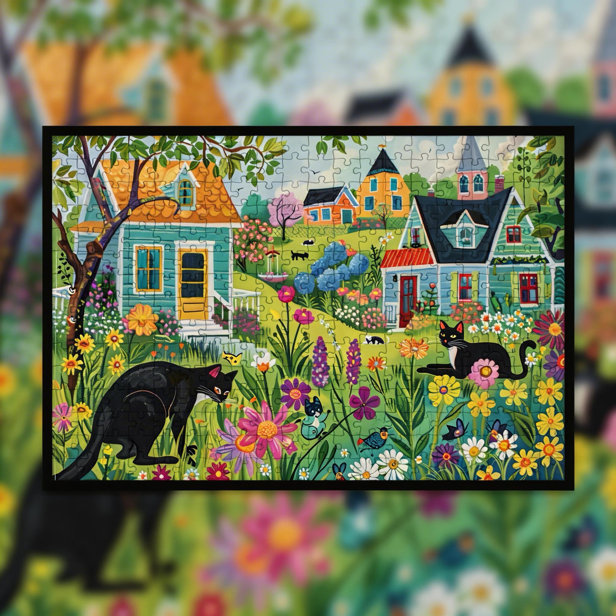 Colorful Cat Town Wooden Jigsaw Puzzle Framed, Rustic Floral Village Wall Art