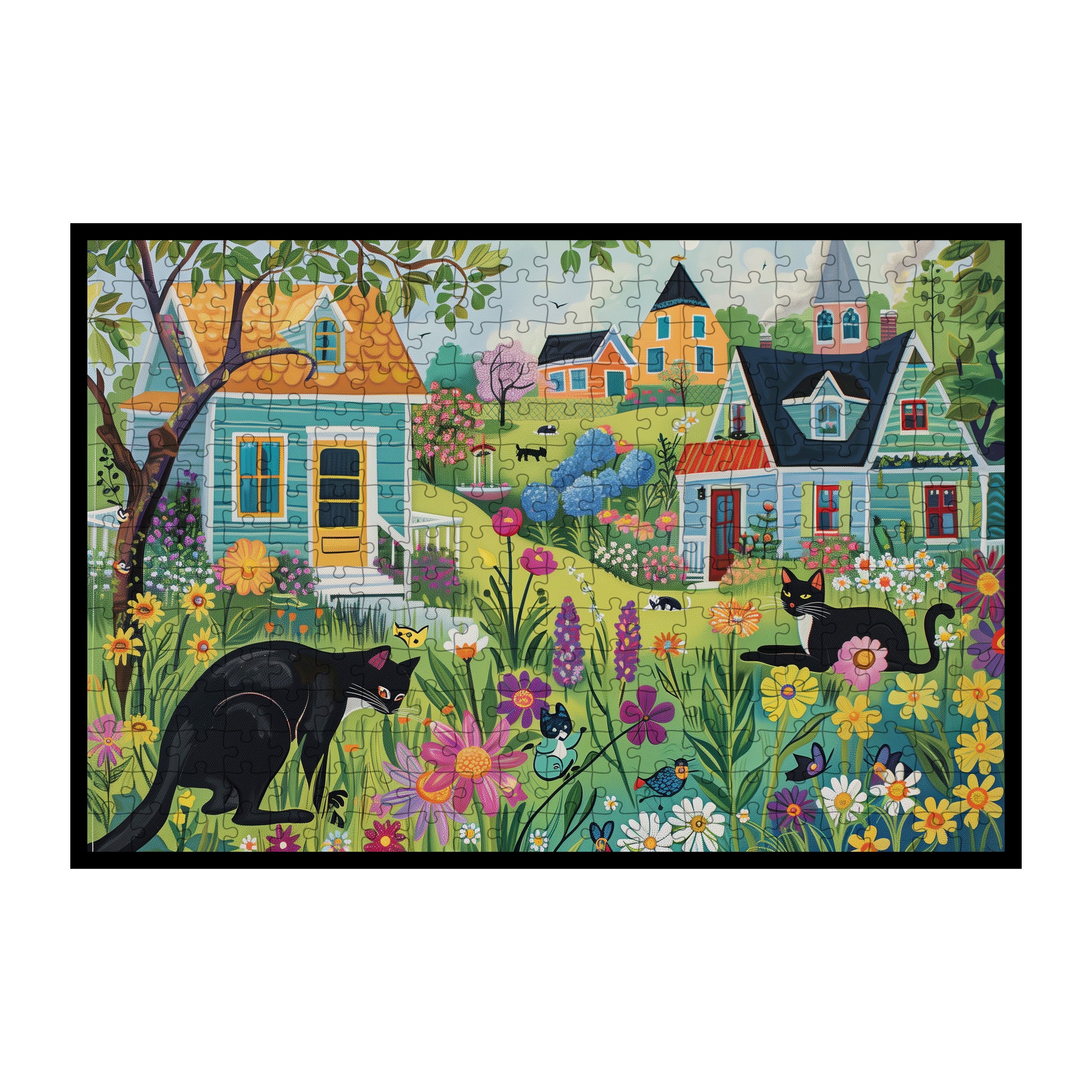 Colorful Cat Town Wooden Jigsaw Puzzle Framed, Rustic Floral Village Wall Art