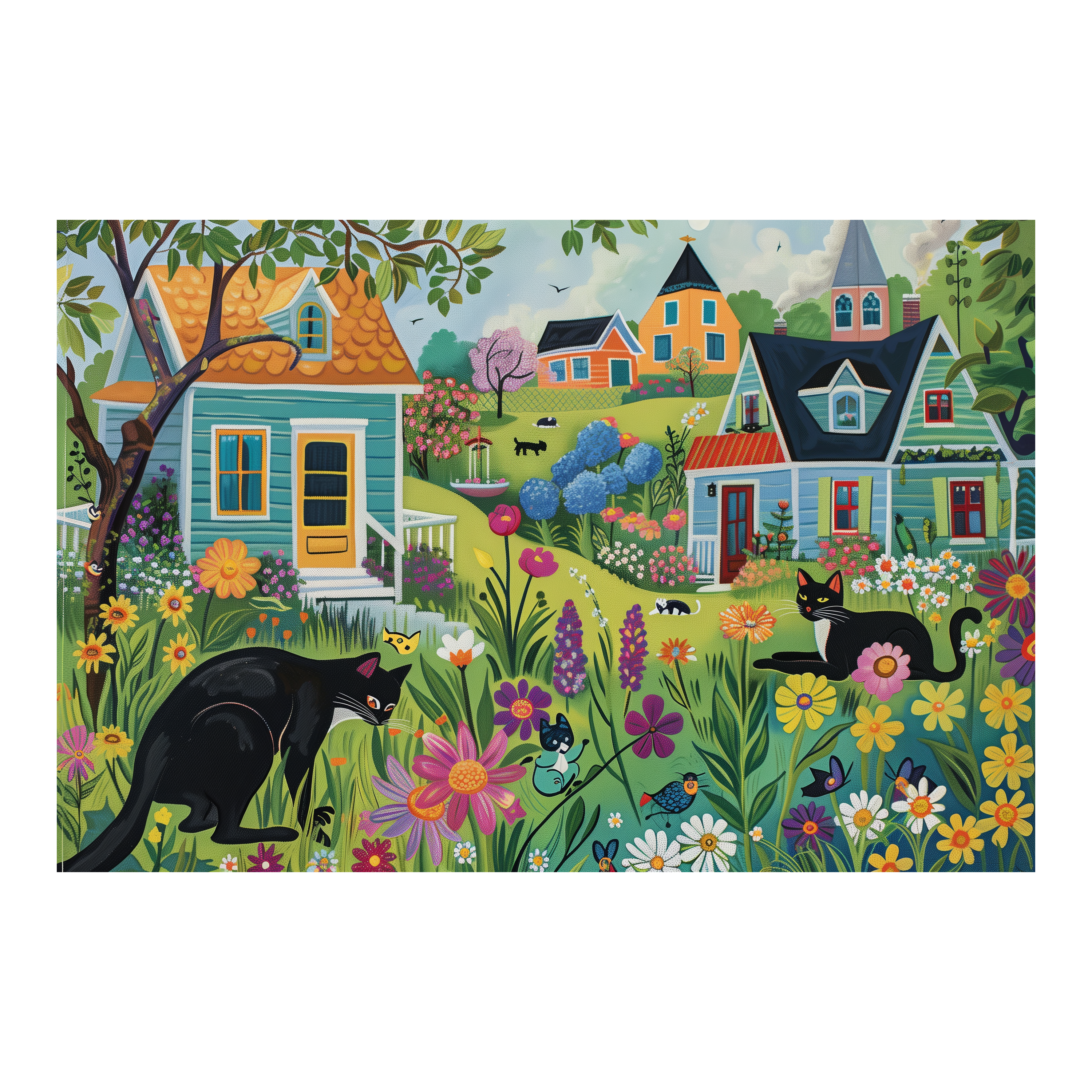 Colorful Cat Town Wooden Jigsaw Puzzle Framed, Rustic Floral Village Wall Art