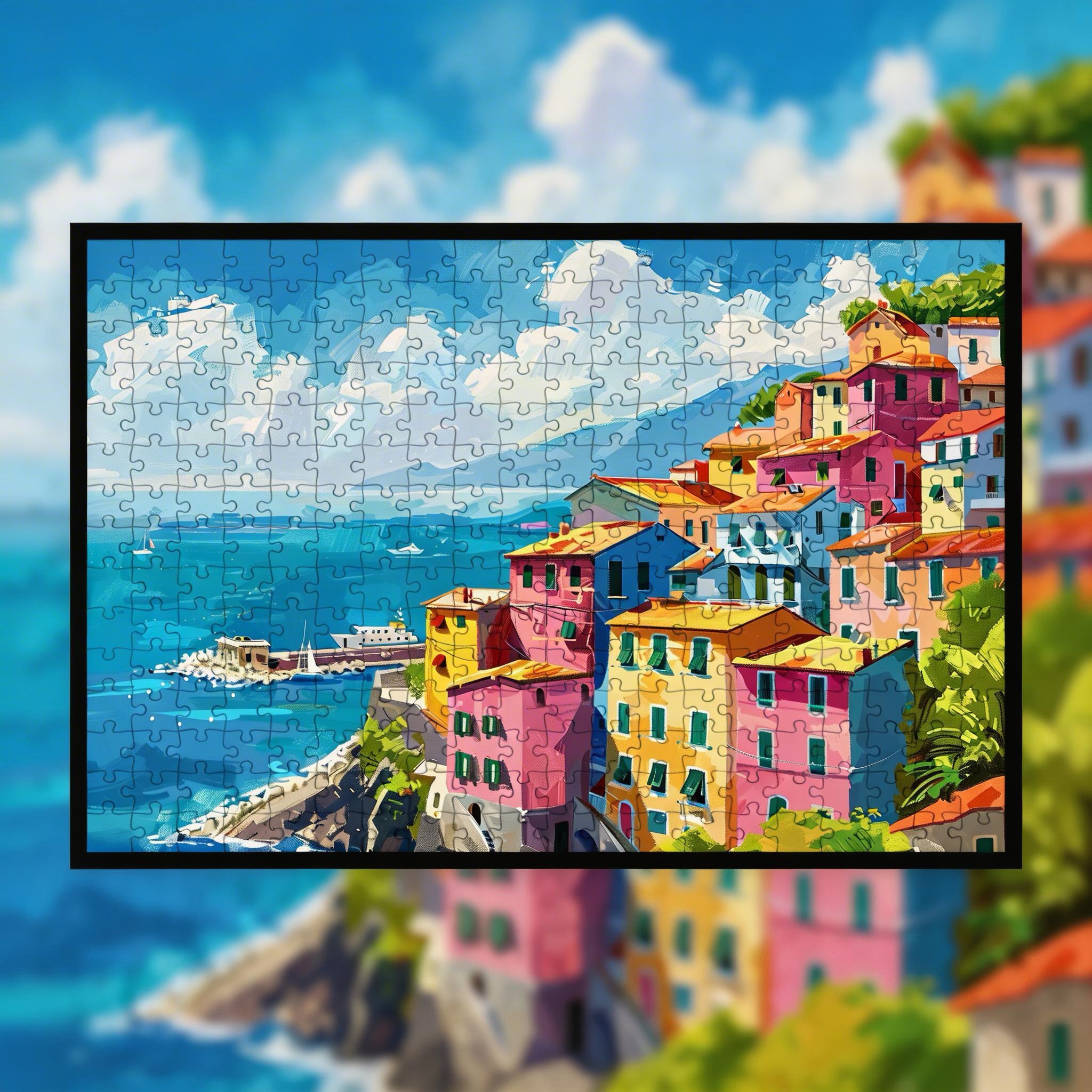 Colorful Cinque Terre Wooden Jigsaw Puzzle Framed, Italian Riviera Wall Decor