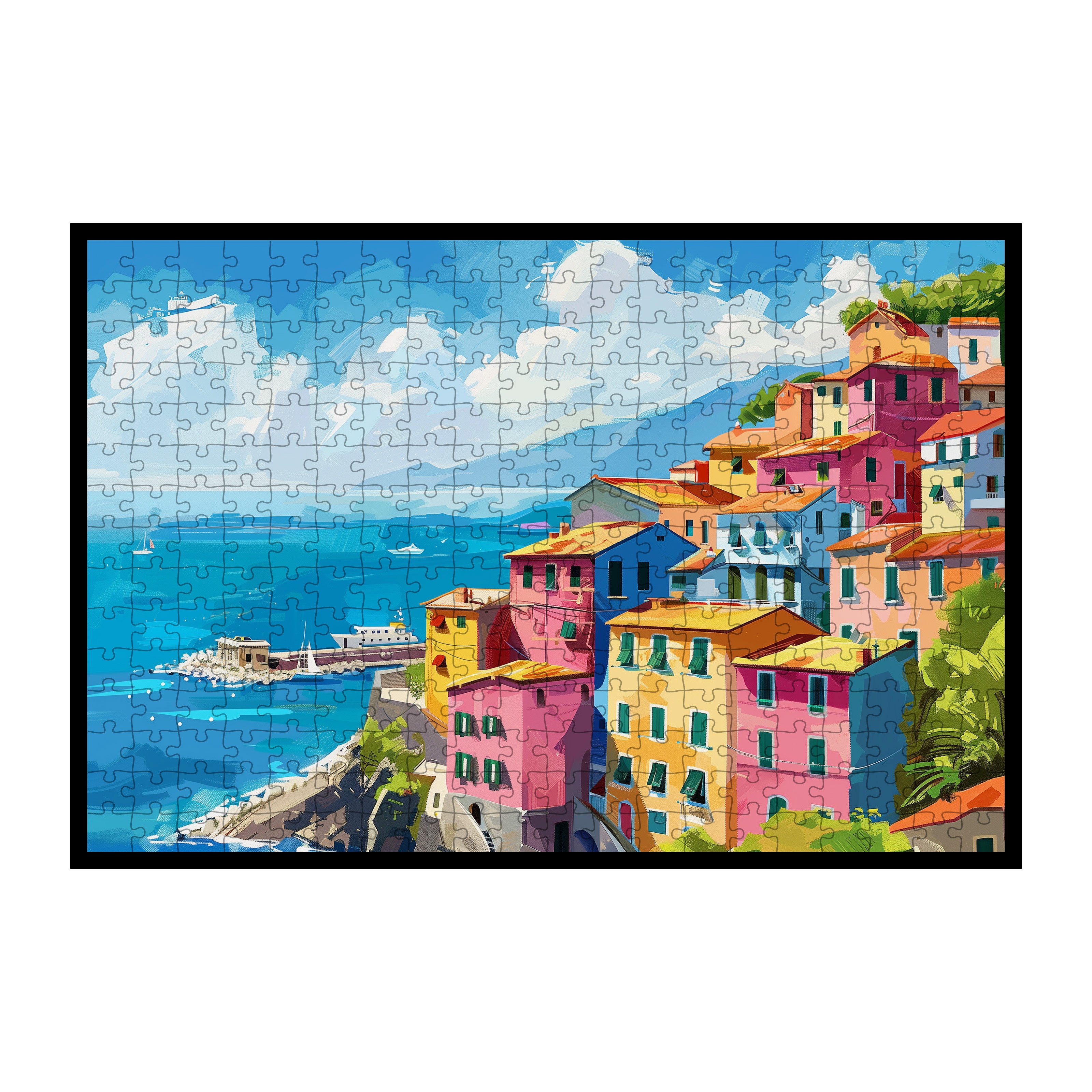 Colorful Cinque Terre Wooden Jigsaw Puzzle Framed, Italian Riviera Wall Decor