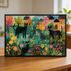 Colorful Floral Cat Village Wooden Jigsaw Puzzle - Whimsical Home Wall Art for Adults