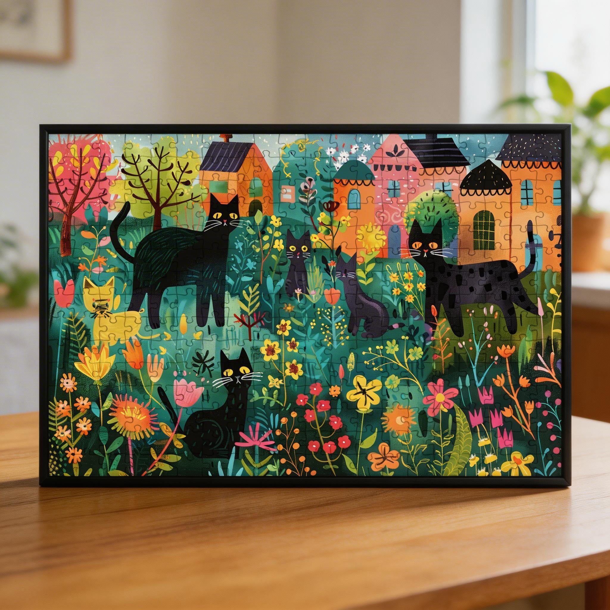 Colorful Floral Cat Village Wooden Jigsaw Puzzle - Whimsical Home Wall Art for Adults