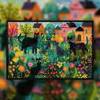 Colorful Floral Cat Village Wooden Jigsaw Puzzle Framed, Whimsical Home Wall Art