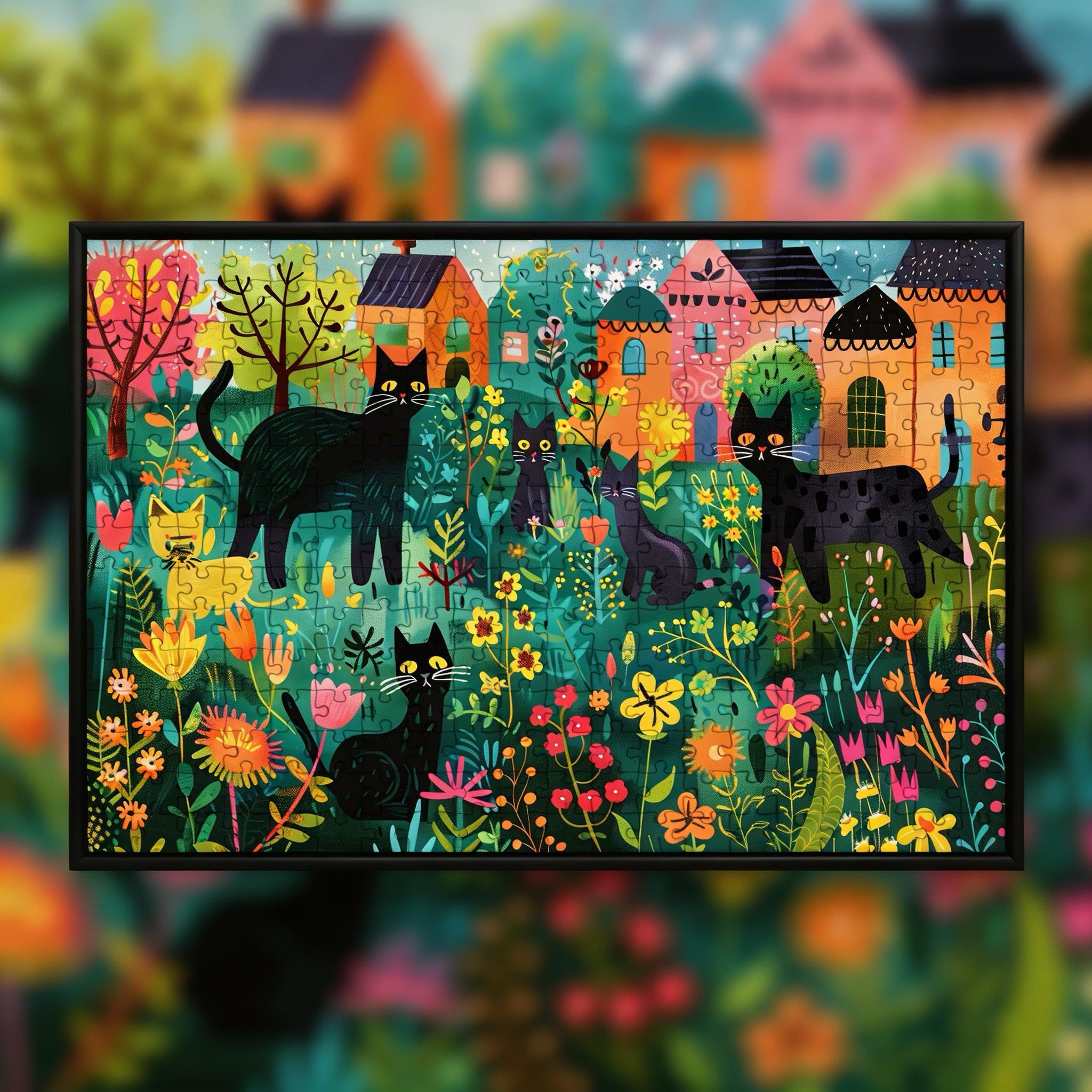 Colorful Floral Cat Village Wooden Jigsaw Puzzle Framed, Whimsical Home Wall Art