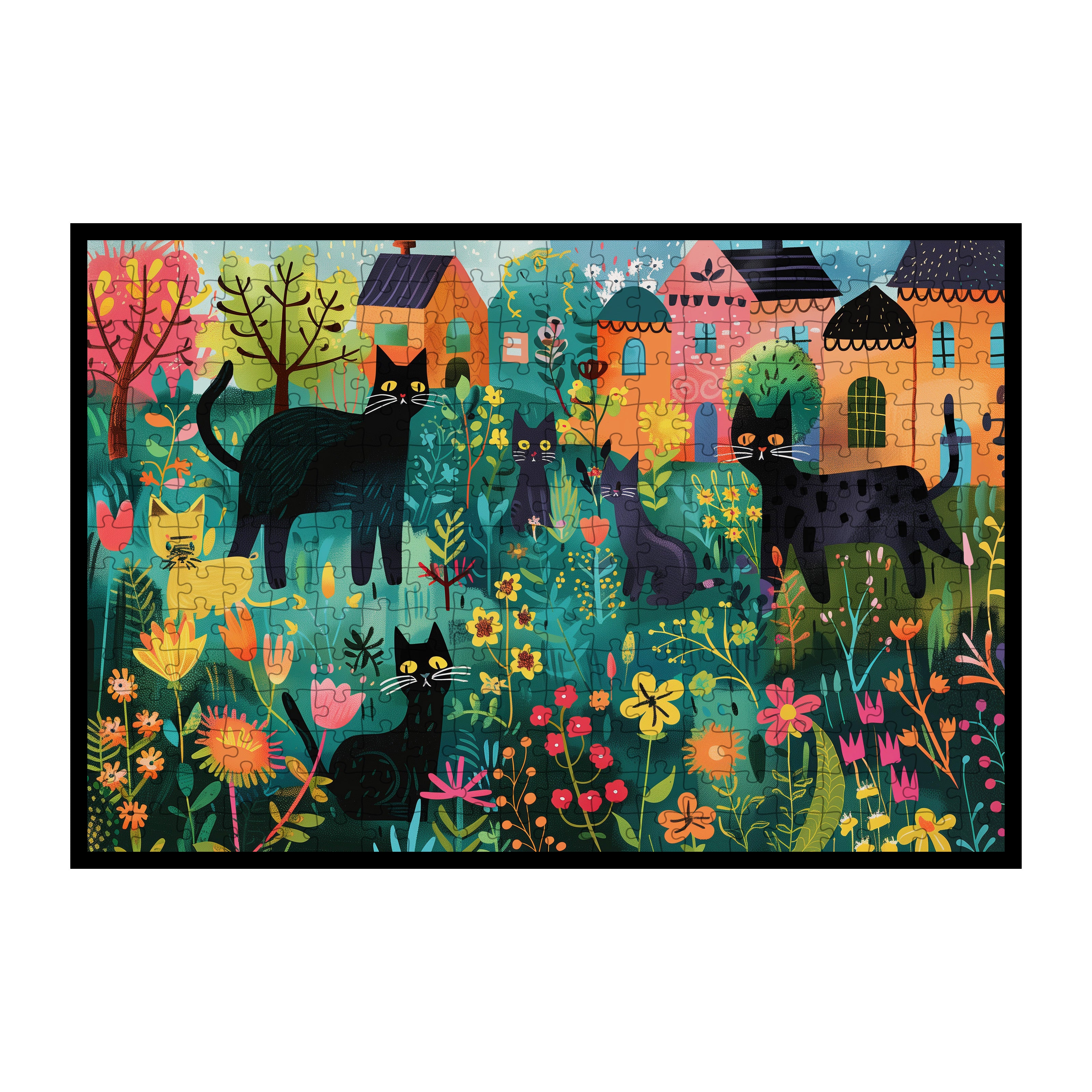 Colorful Floral Cat Village Wooden Jigsaw Puzzle Framed, Whimsical Home Wall Art
