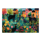 Colorful Floral Cat Village Wooden Jigsaw Puzzle Framed, Whimsical Home Wall Art