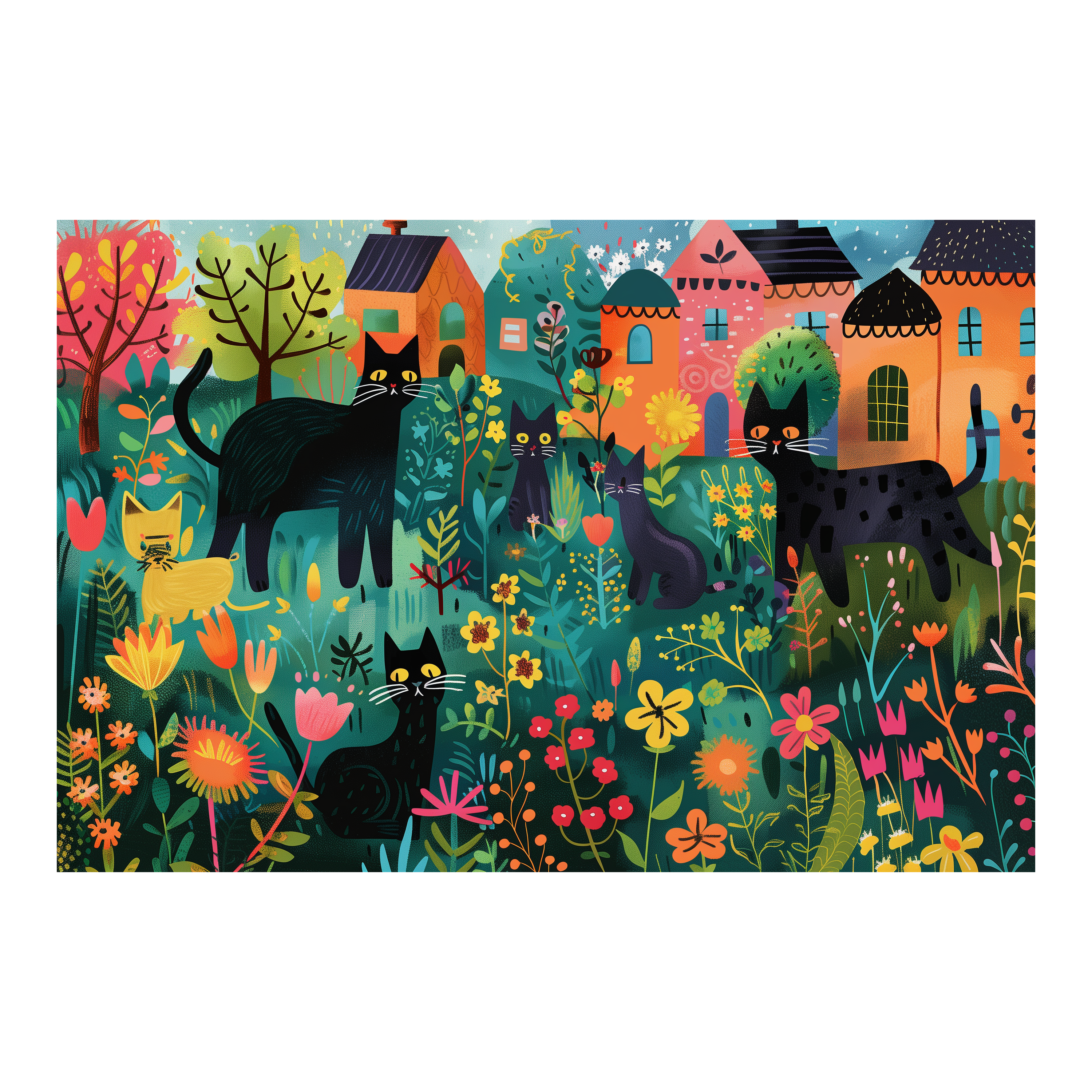 Colorful Floral Cat Village Wooden Jigsaw Puzzle Framed, Whimsical Home Wall Art