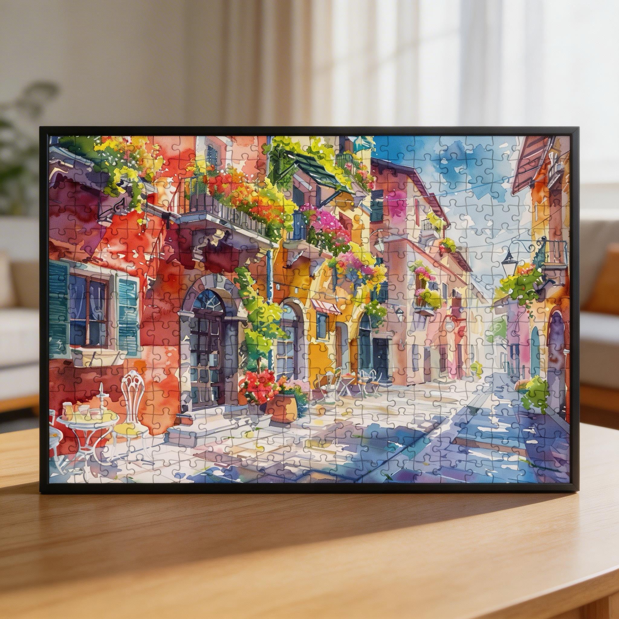 Colorful Italian Alley Watercolor Wooden Jigsaw Puzzle - Mediterranean Street Wood Puzzle