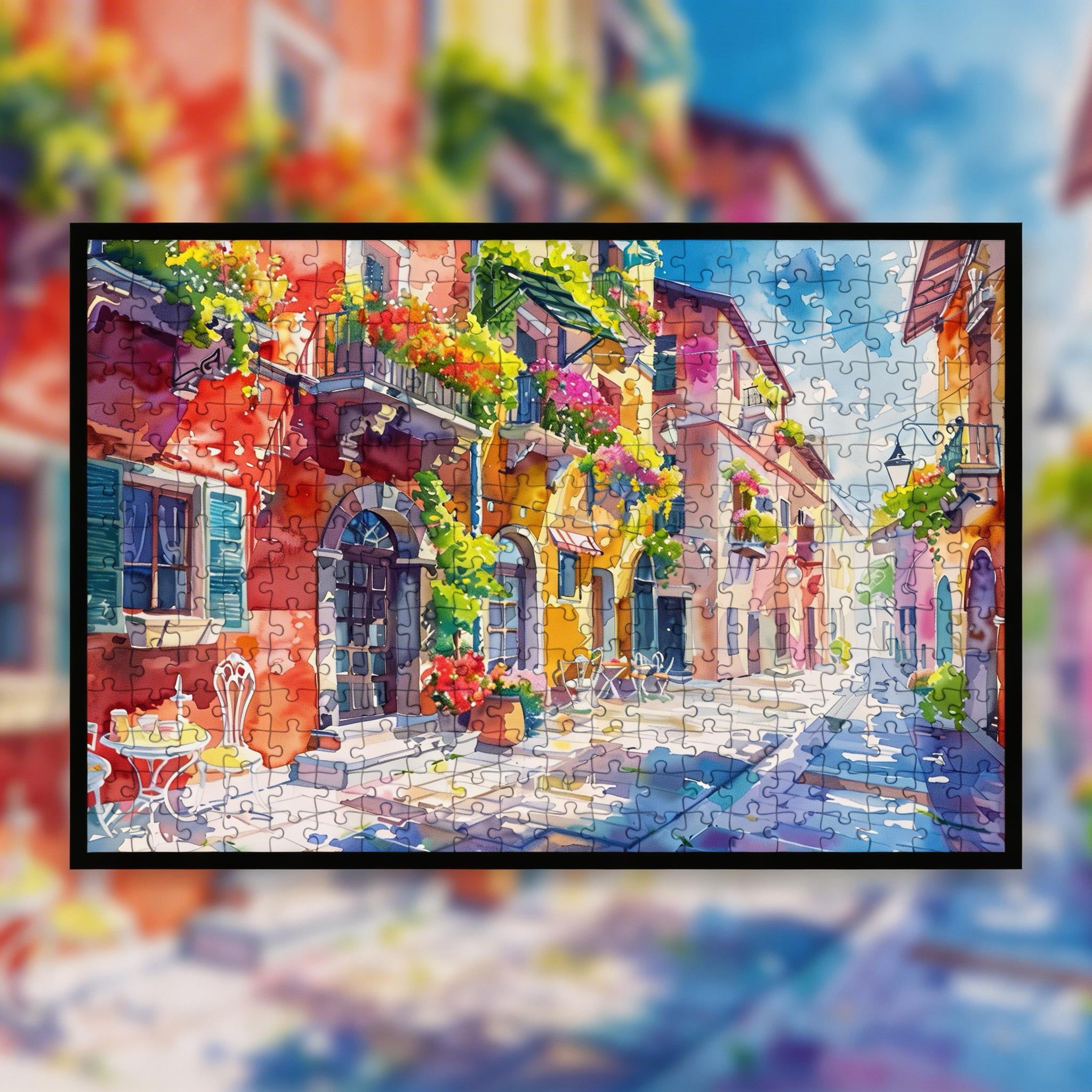 Colorful Italian Alley Watercolor Wooden Jigsaw Puzzle Framed, Mediterranean Street Wall Decor