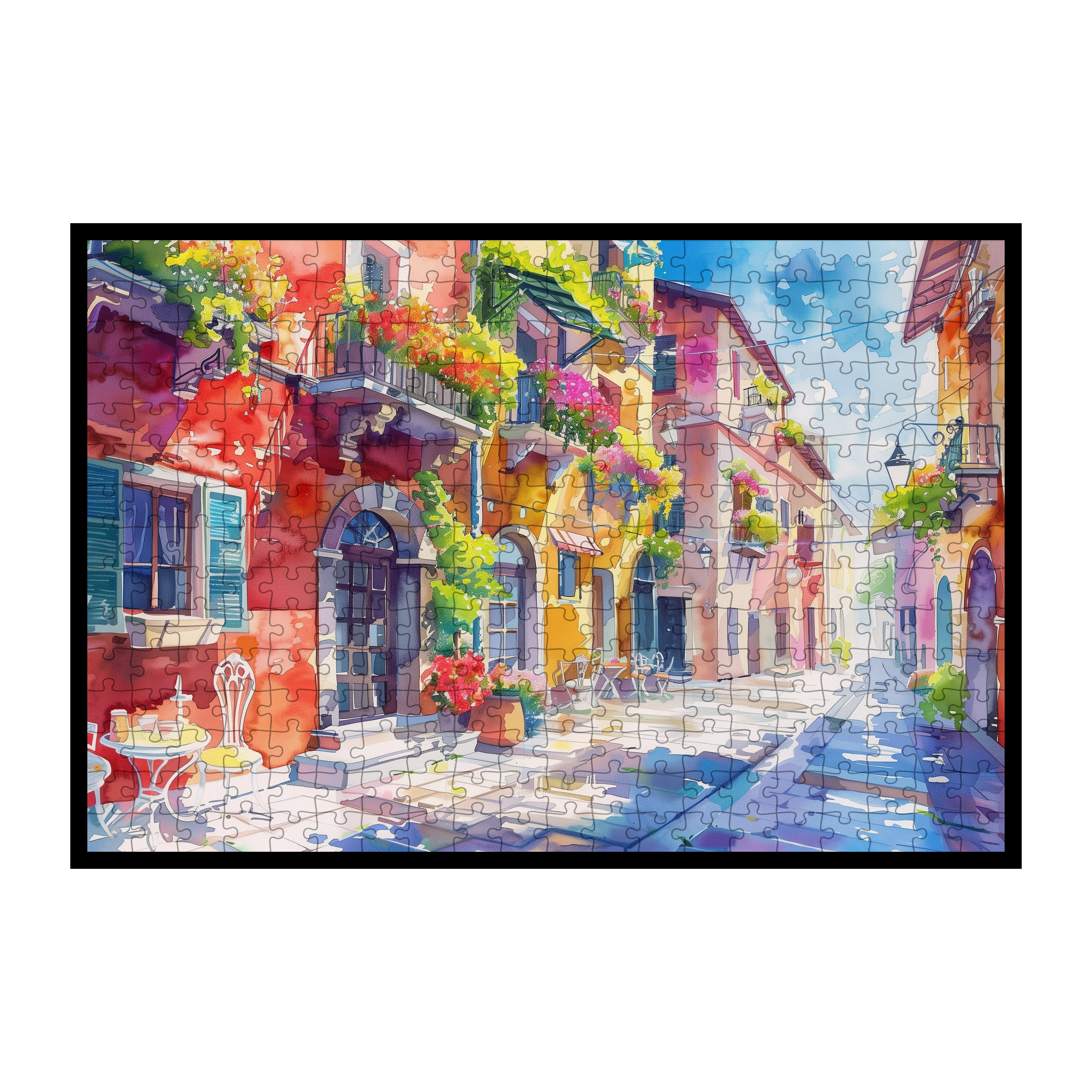 Colorful Italian Alley Watercolor Wooden Jigsaw Puzzle Framed, Mediterranean Street Wall Decor