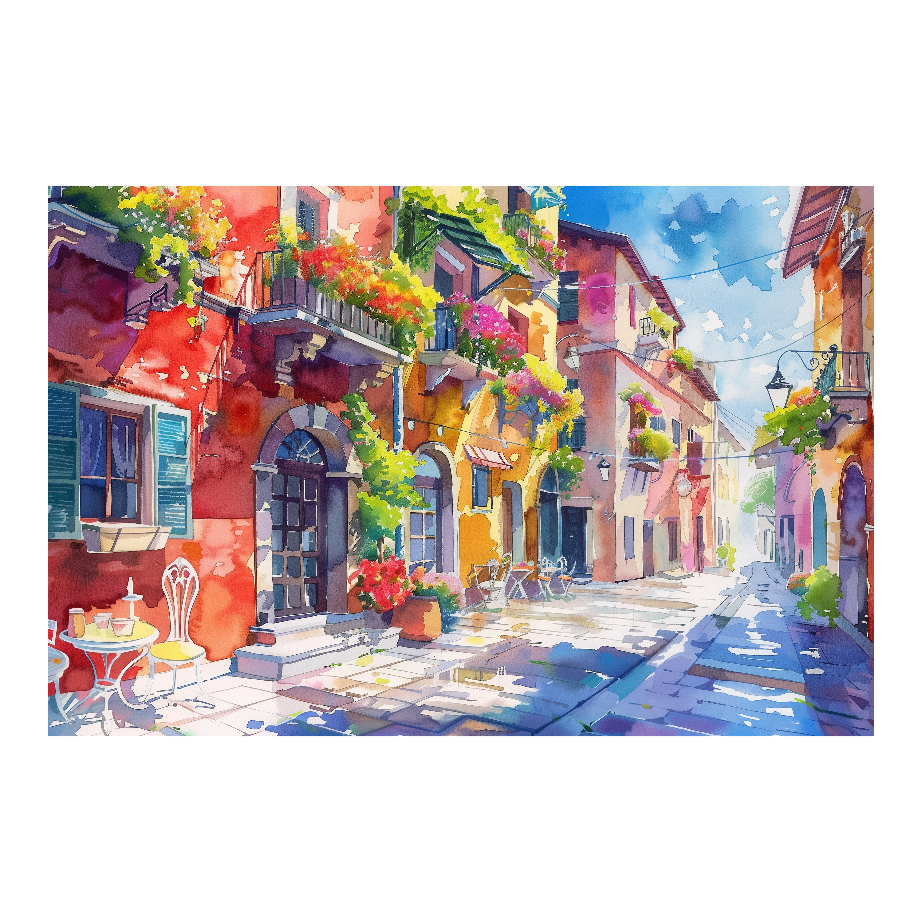 Colorful Italian Alley Watercolor Wooden Jigsaw Puzzle Framed, Mediterranean Street Wall Decor