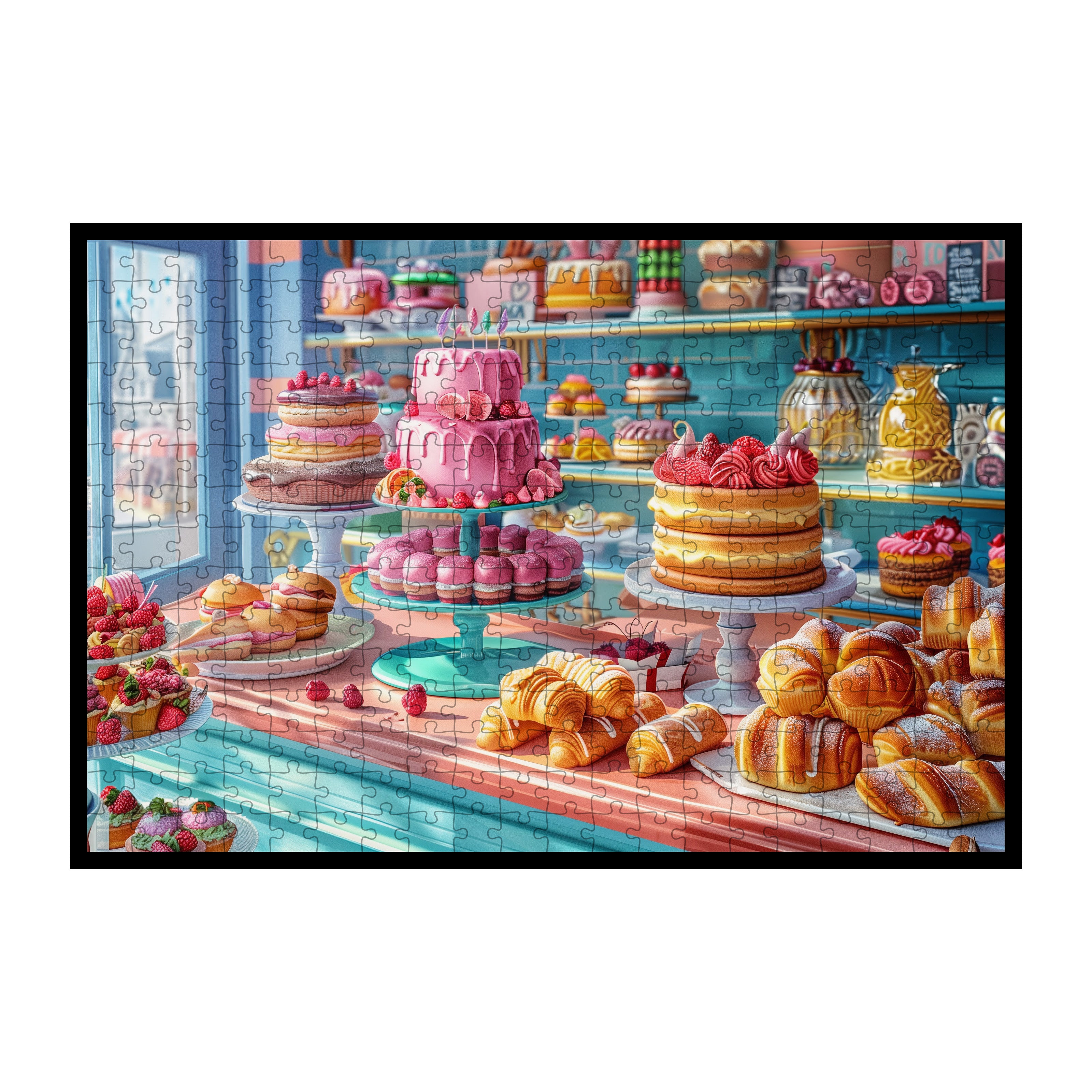 Colorful Pastry Shop Wooden Jigsaw Puzzle Framed, Sweet Treats Wall Decor
