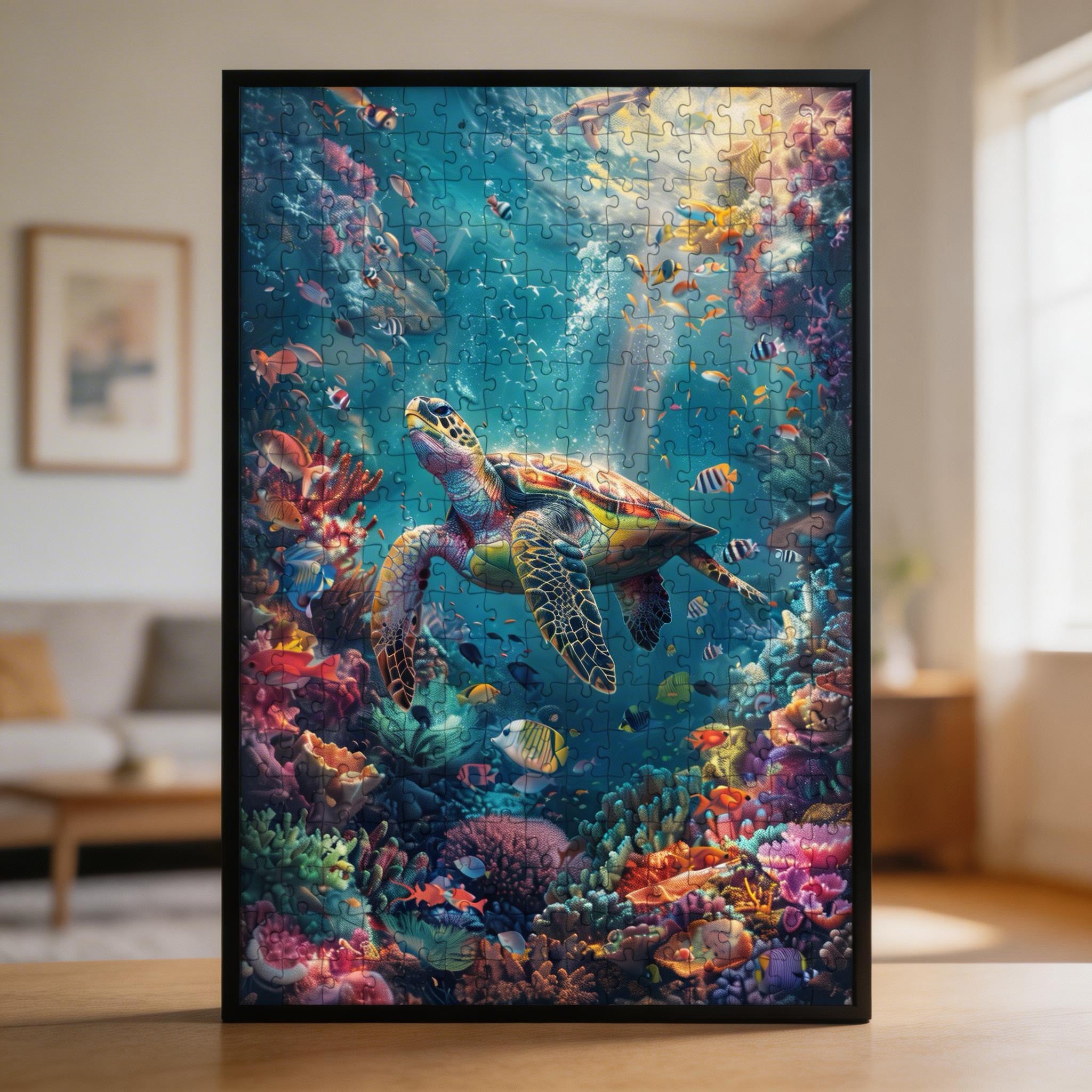 Coral Reef Sea Turtle Wooden Jigsaw Puzzle - Ocean Wildlife Animal Shaped Wood Puzzle