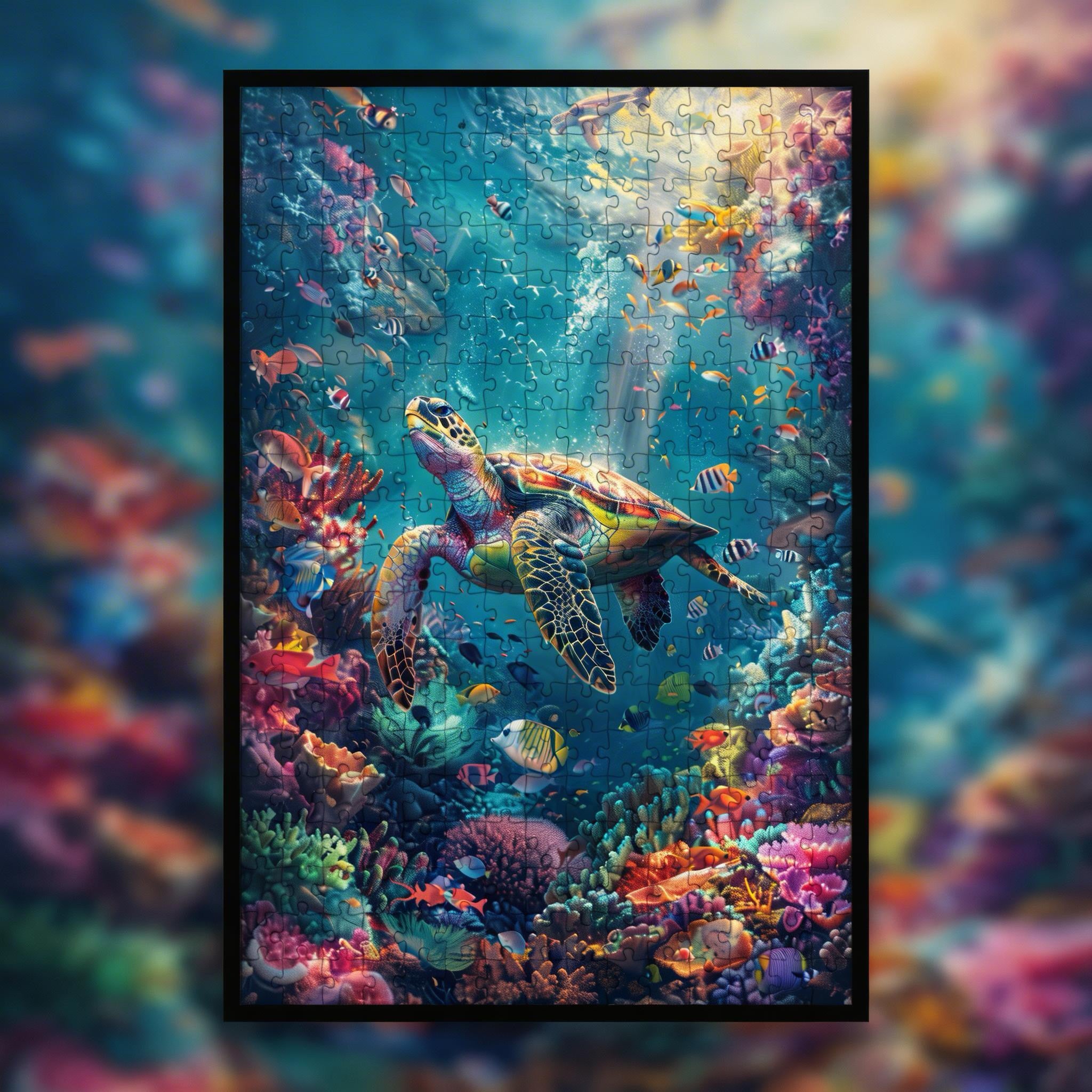 Coral Reef Sea Turtle Wooden Jigsaw Puzzle - Ocean Wildlife Animal Shaped Wood Puzzle