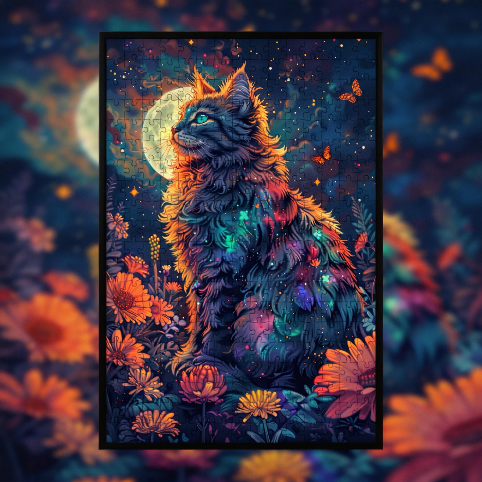 Cosmic Cat Shaped Wooden Jigsaw Puzzle - Starry Night Floral Wood Puzzle for Adults