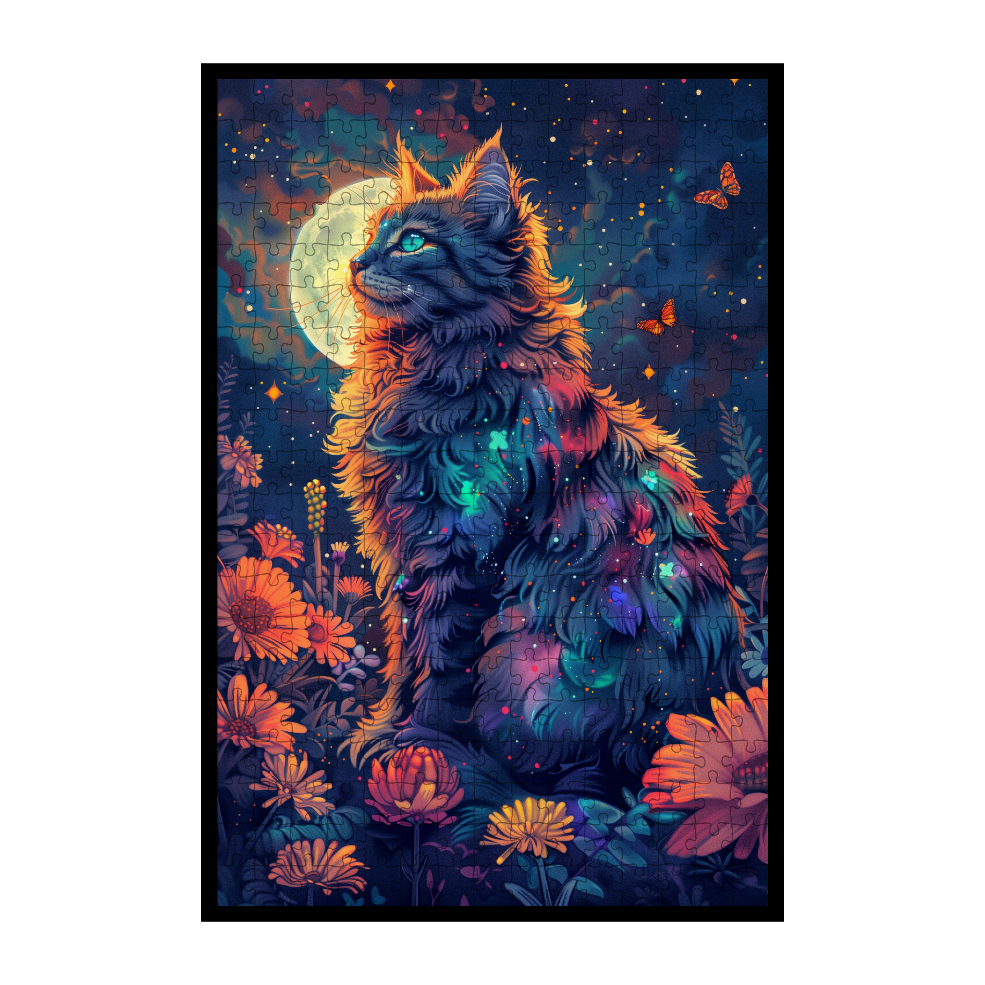 Cosmic Cat Shaped Wooden Jigsaw Puzzle - Starry Night Floral Wood Puzzle for Adults