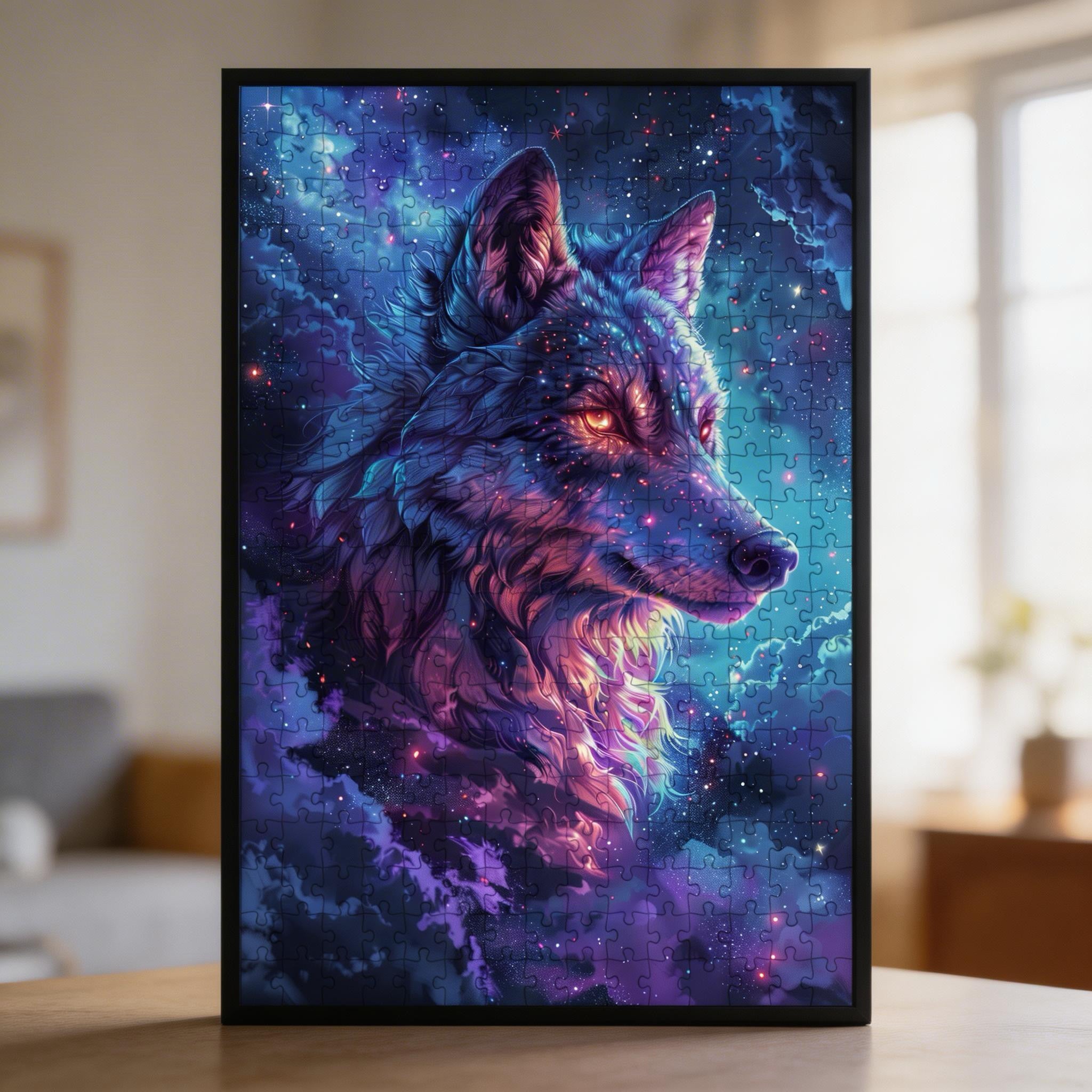 Cosmic Galaxy Wolf Shaped Wooden Jigsaw Puzzle - Celestial Wildlife Wood Puzzle for Adults