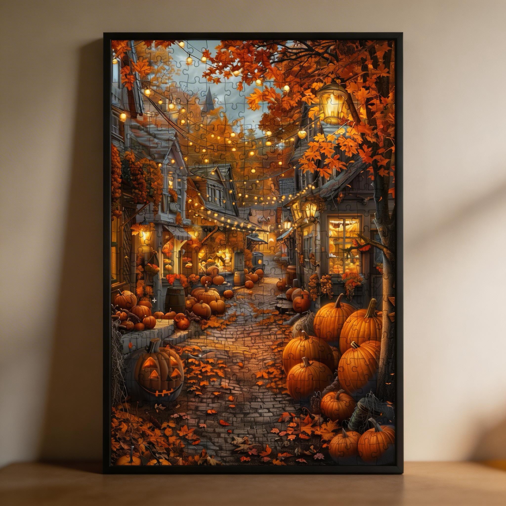 Cozy Autumn Pumpkin Street Wooden Jigsaw Puzzle - Fall Harvest Village Wood Puzzle