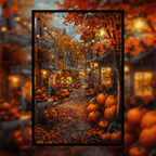 Cozy Autumn Pumpkin Street Wooden Jigsaw Puzzle Framed, Fall Harvest Village Wall Decor
