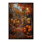 Cozy Autumn Pumpkin Street Wooden Jigsaw Puzzle Framed, Fall Harvest Village Wall Decor