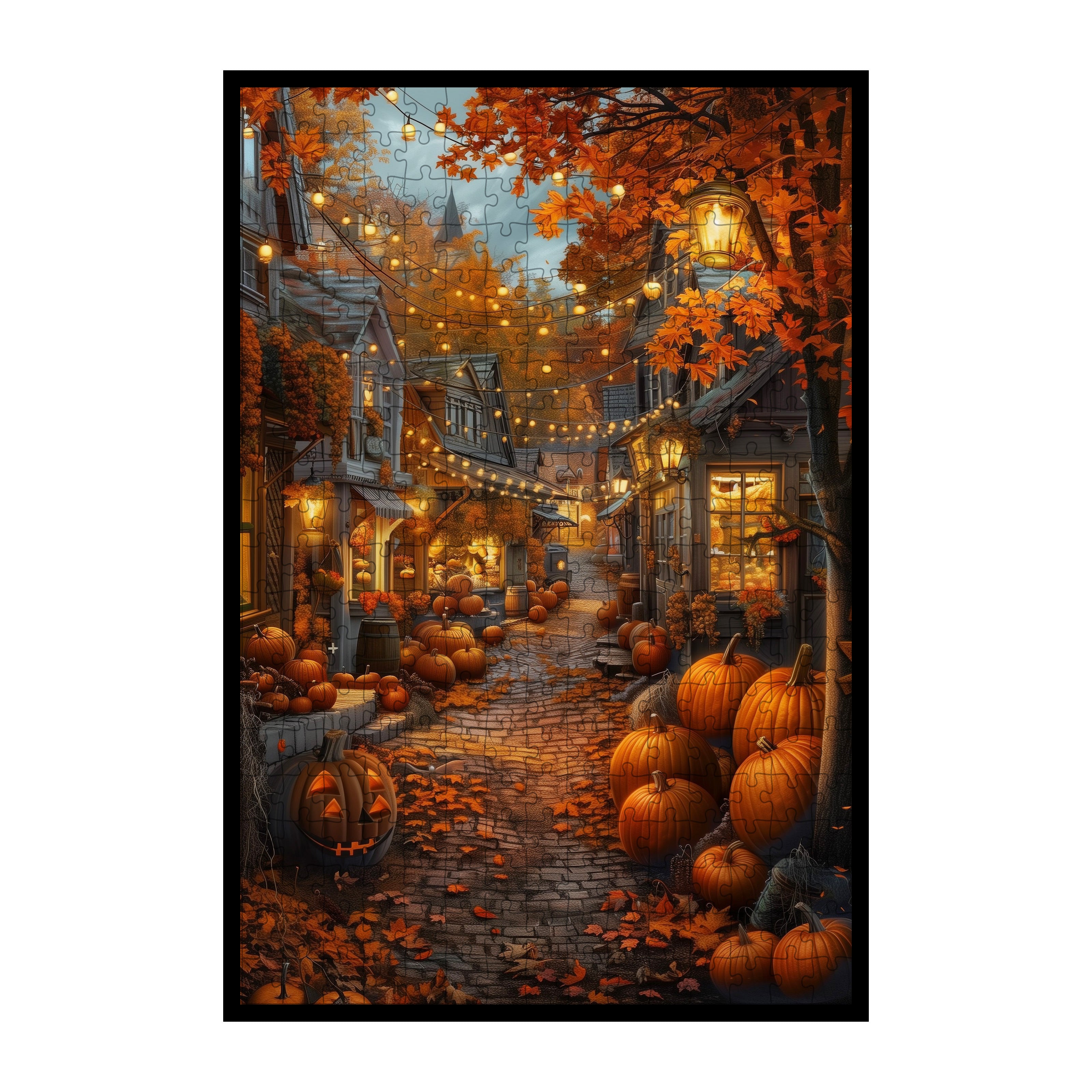 Cozy Autumn Pumpkin Street Wooden Jigsaw Puzzle Framed, Fall Harvest Village Wall Decor